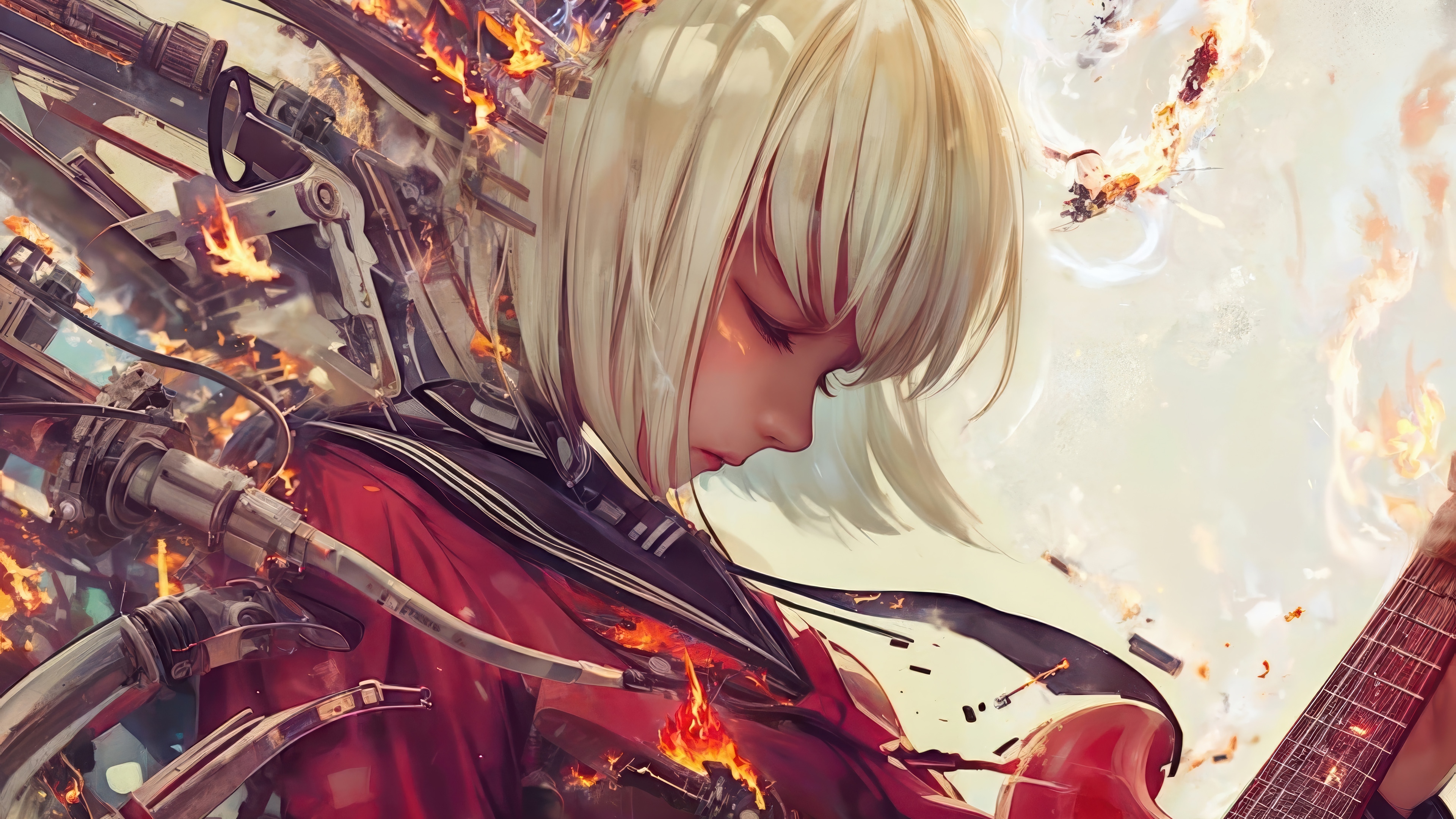 Anime Girl with Guitar in Cyberpunk Fire 4K HD Wallpaper
