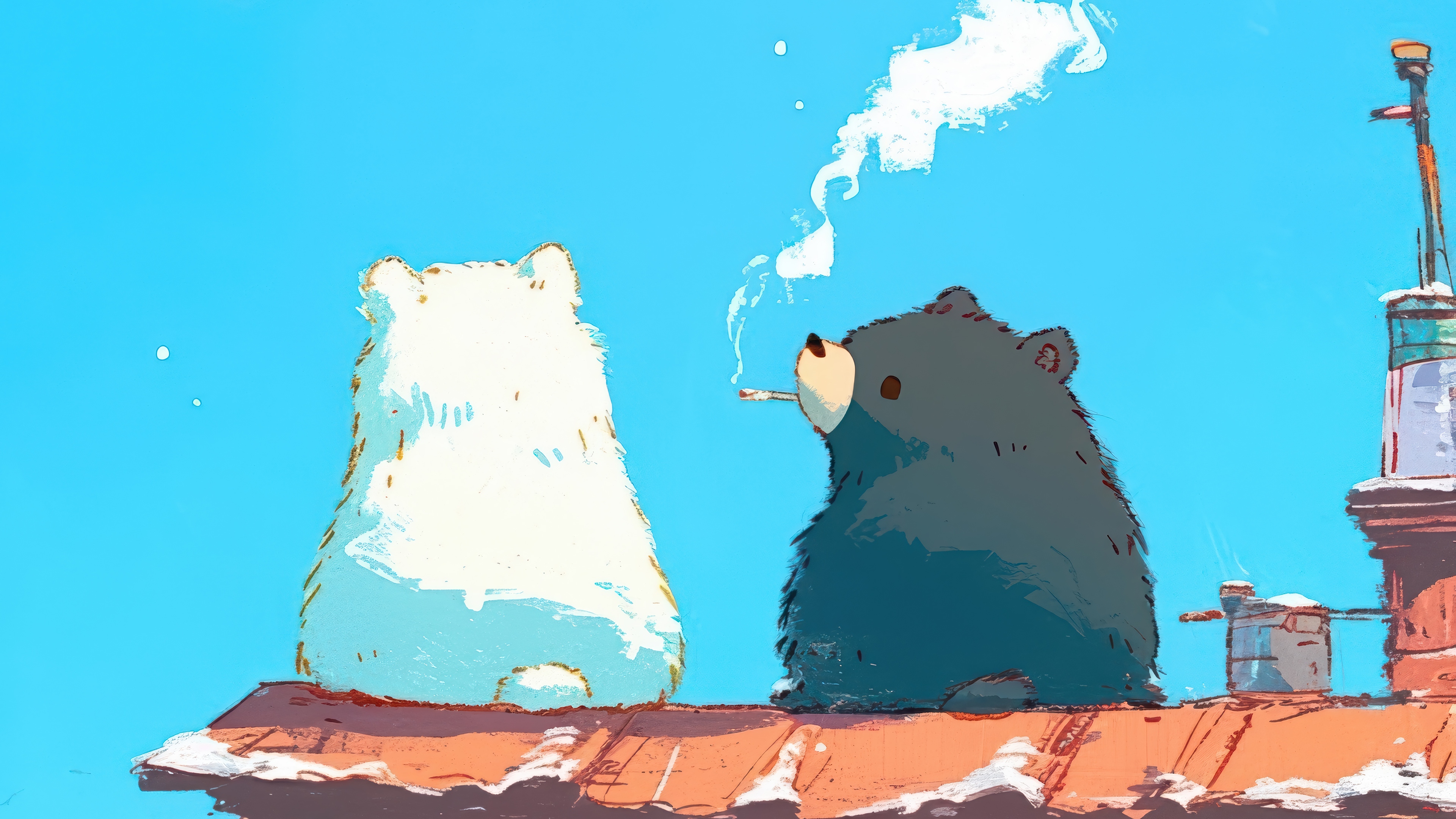 Two bears, one smoking, on a rooftop HD Wallpaper