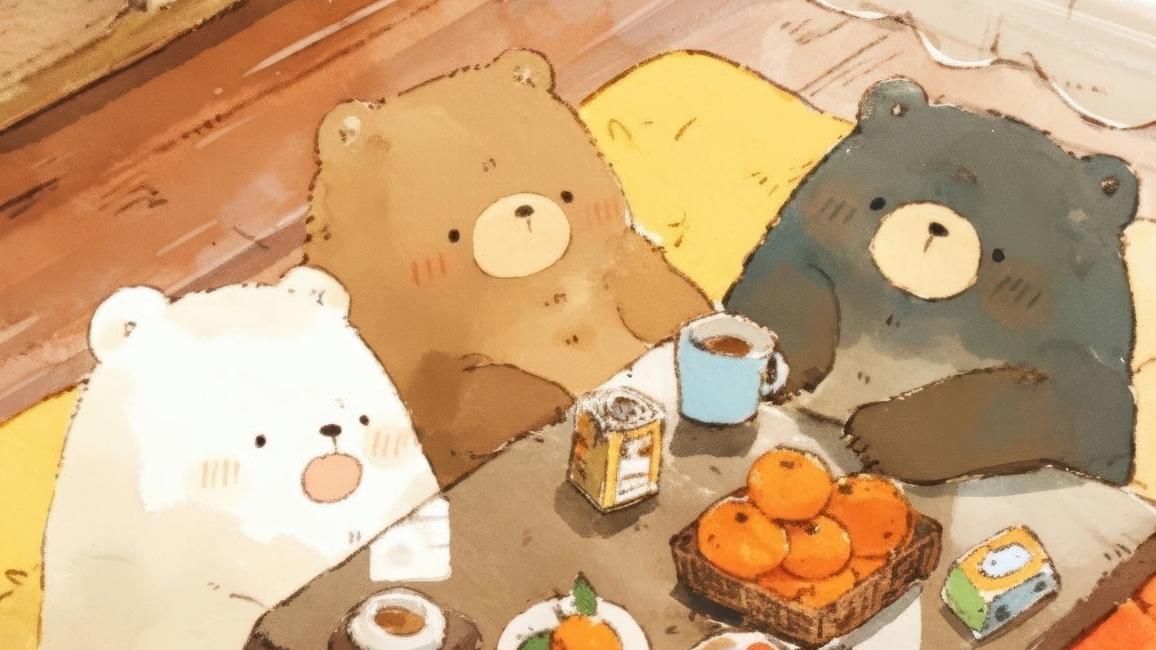 Three cute bears enjoying a cozy drink and snacks HD Wallpaper