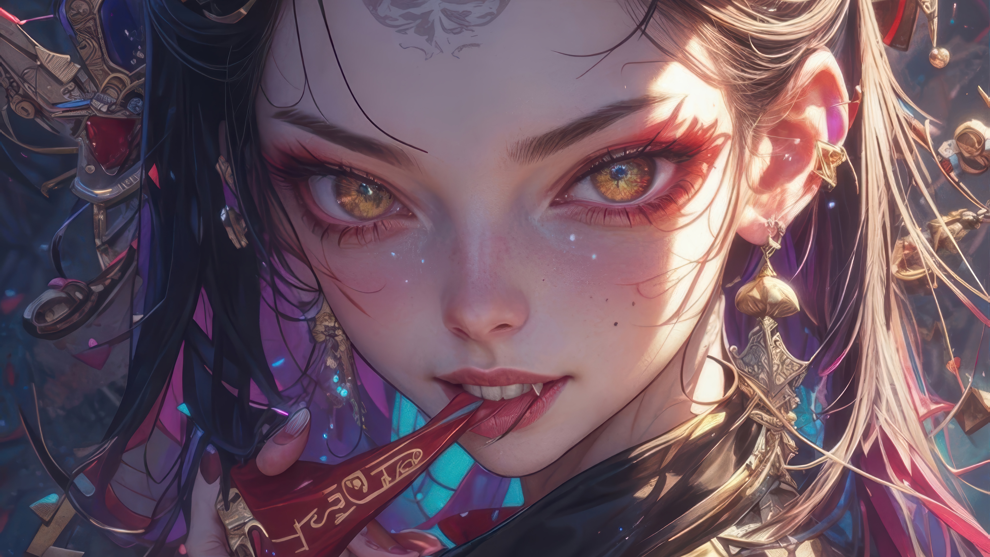 Anime Girl with Golden Eyes and Red Makeup 4K HD Wallpaper