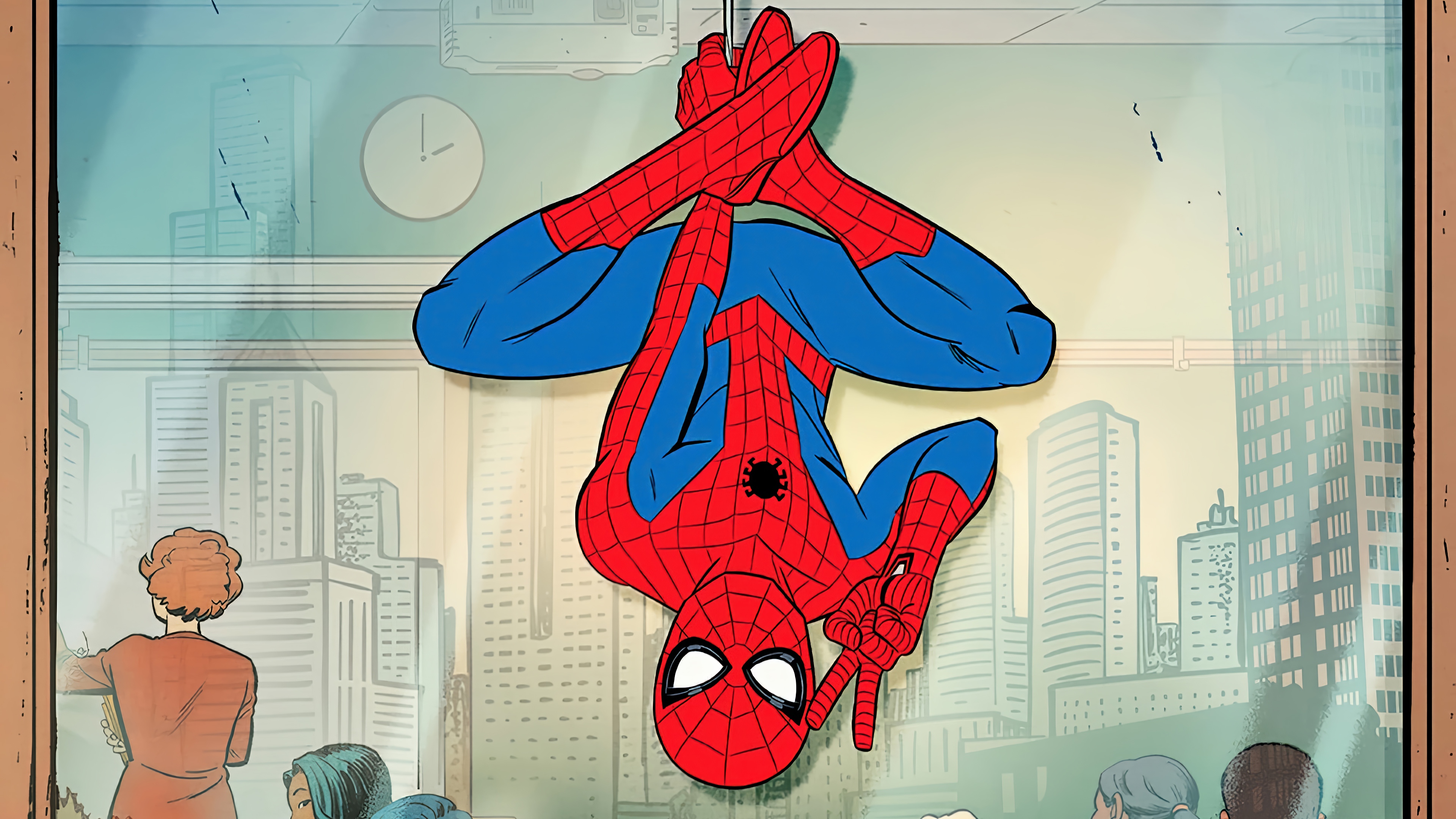Spider-Man Hanging Upside Down in Front of Cityscape HD Wallpaper