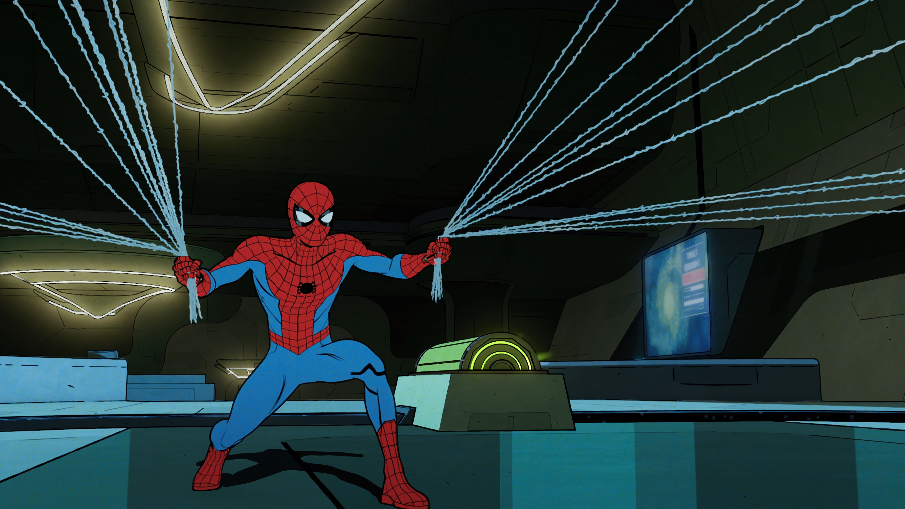 Spider-Man shooting webs in a futuristic room HD Wallpaper