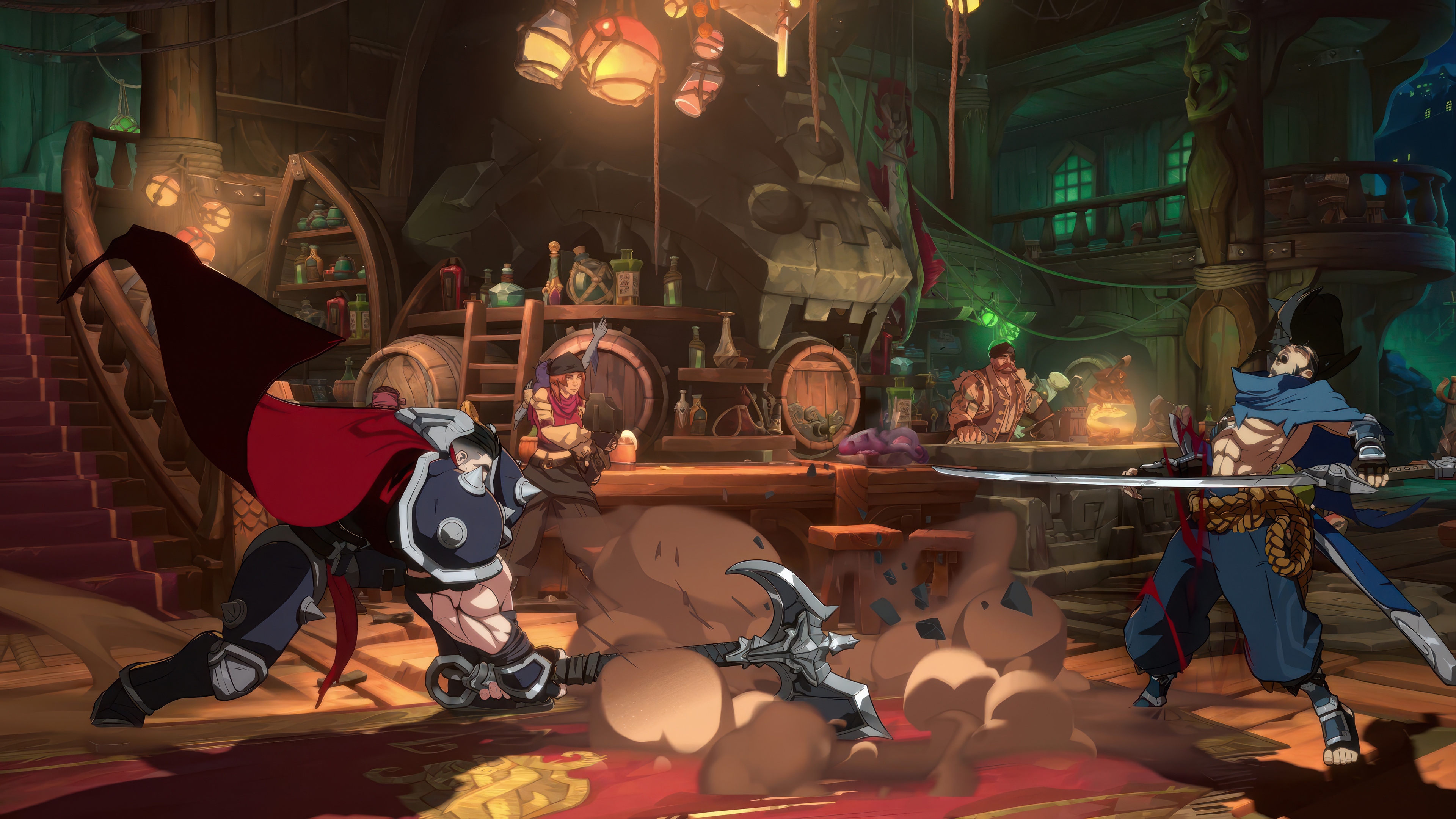 Darius and Yasuo fighting in a tavern 4K HD Wallpaper