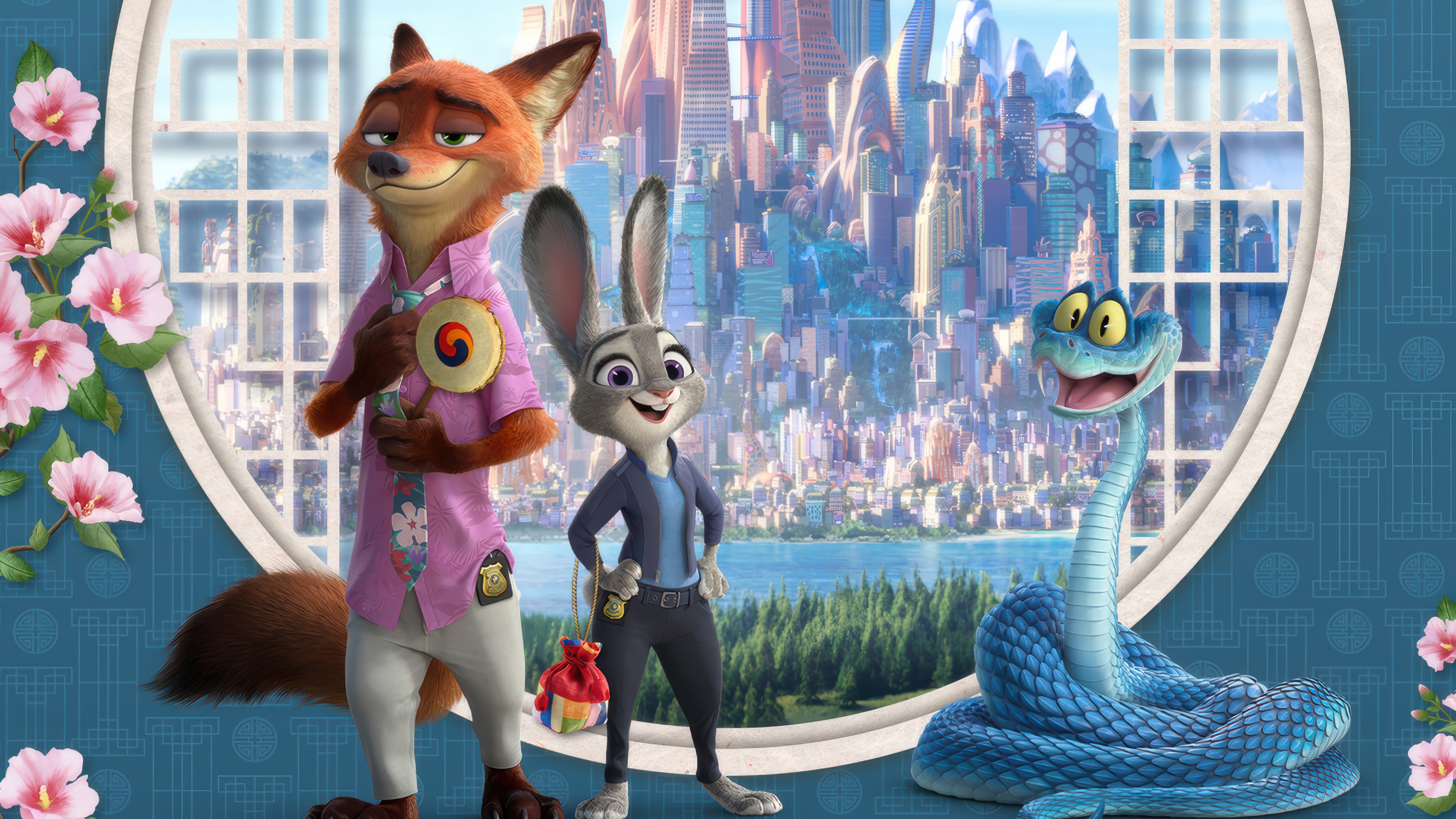 Zootopia Nick Wilde, Judy Hopps, and a snake HD Wallpaper
