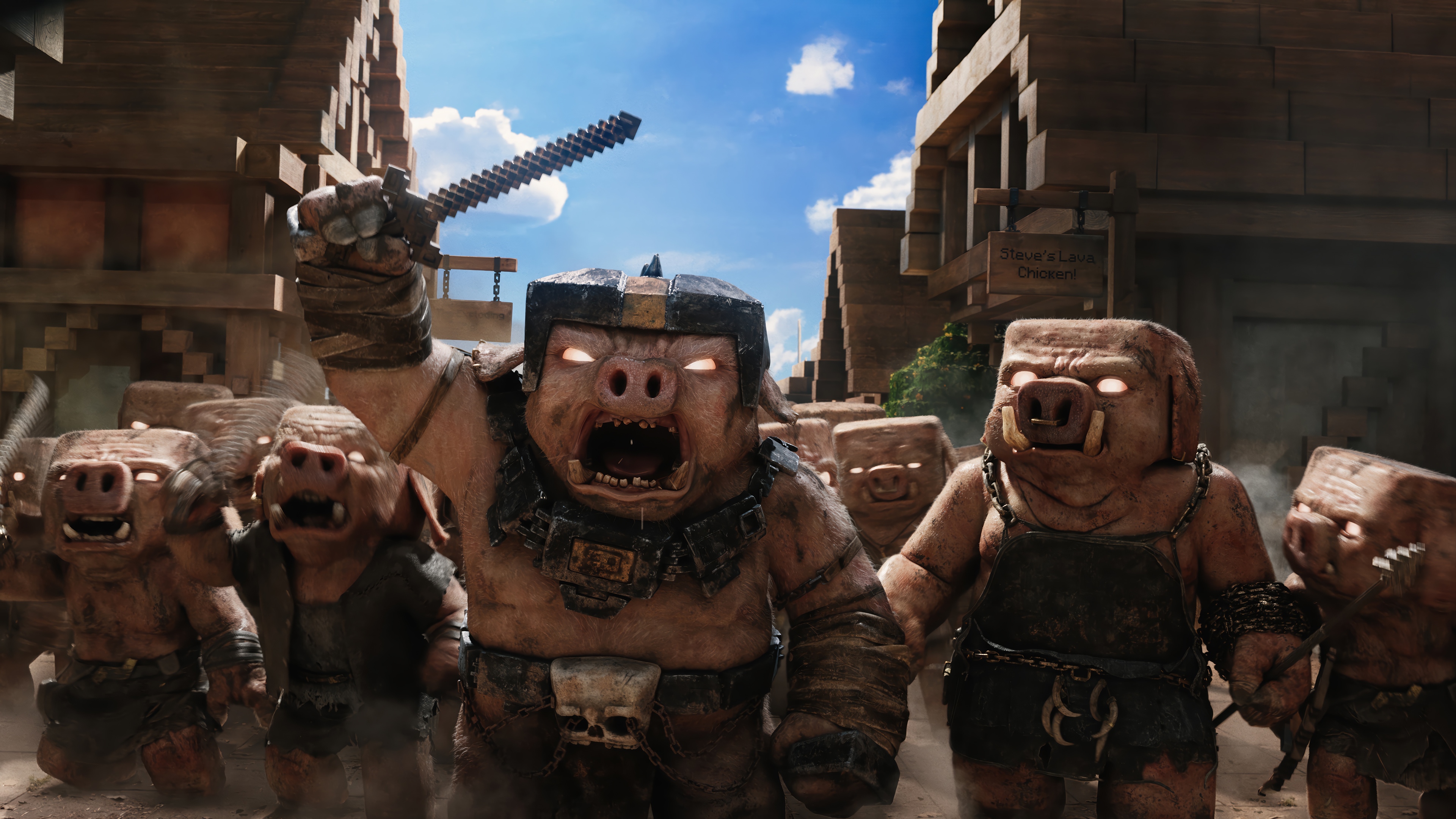 Minecraft Movie Piglets with Weapons HD Wallpaper