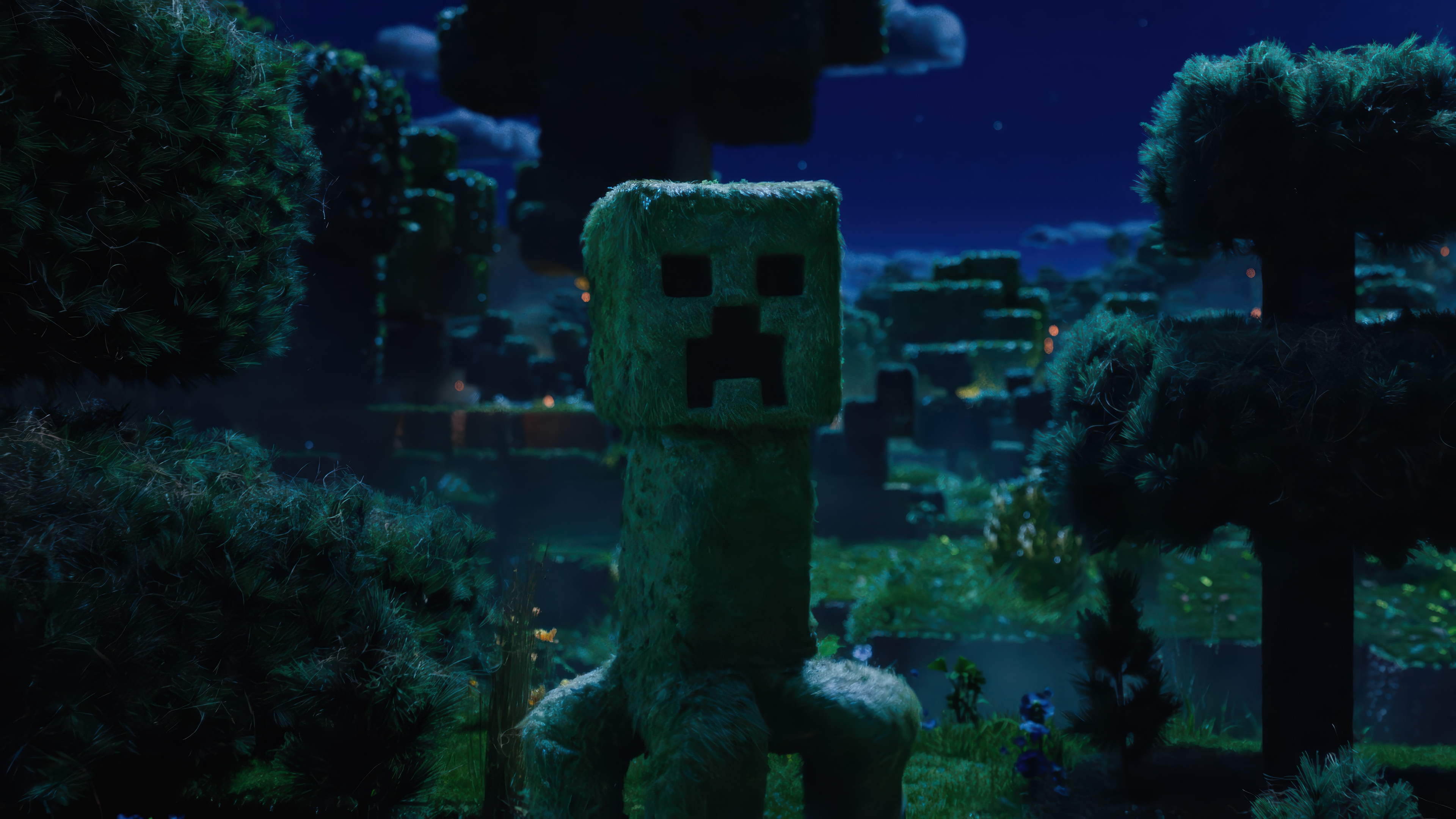 Minecraft Creeper in a Forest at Night 4K HD Wallpaper