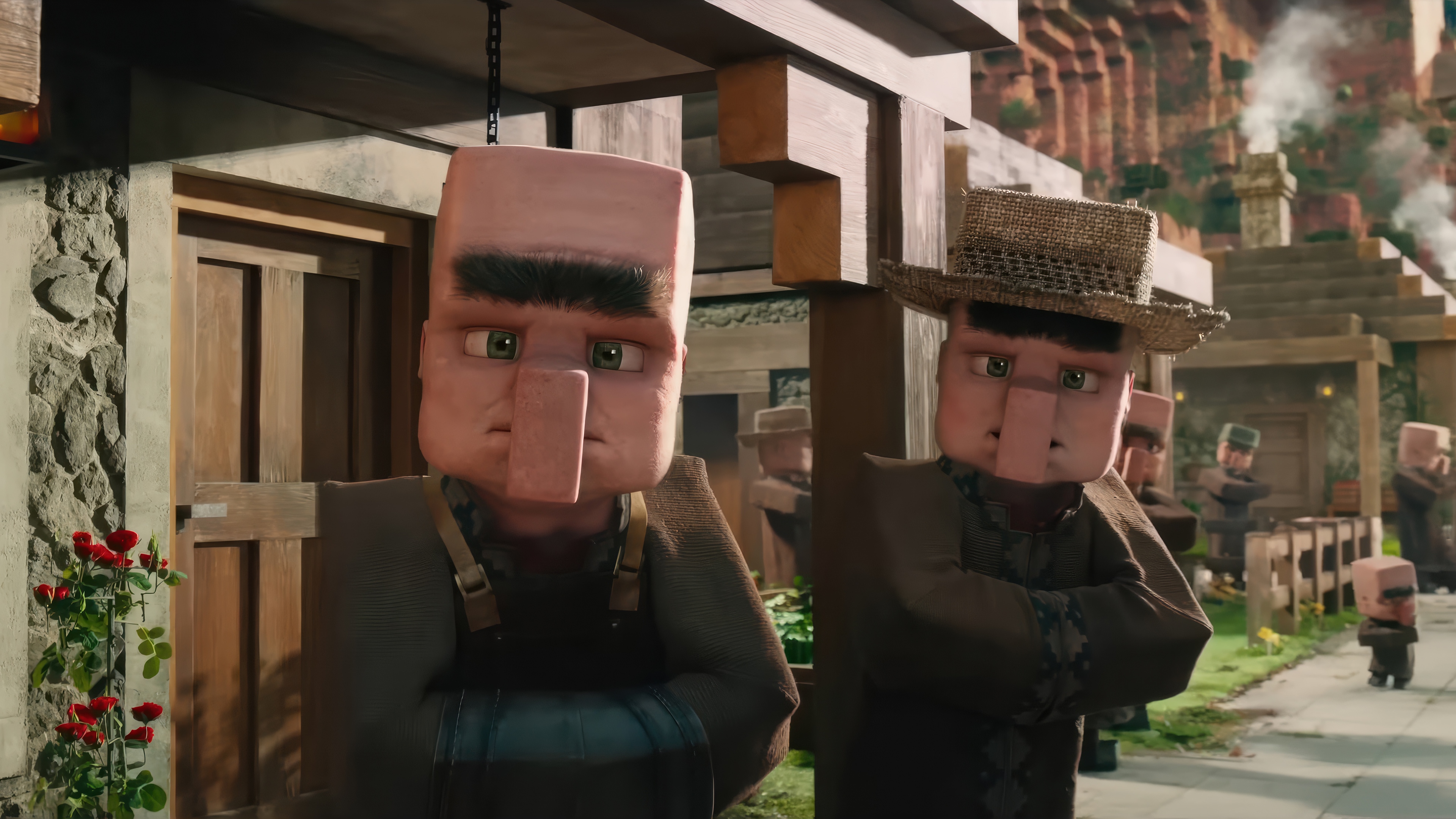 Minecraft Movie Villagers in a Village HD Wallpaper