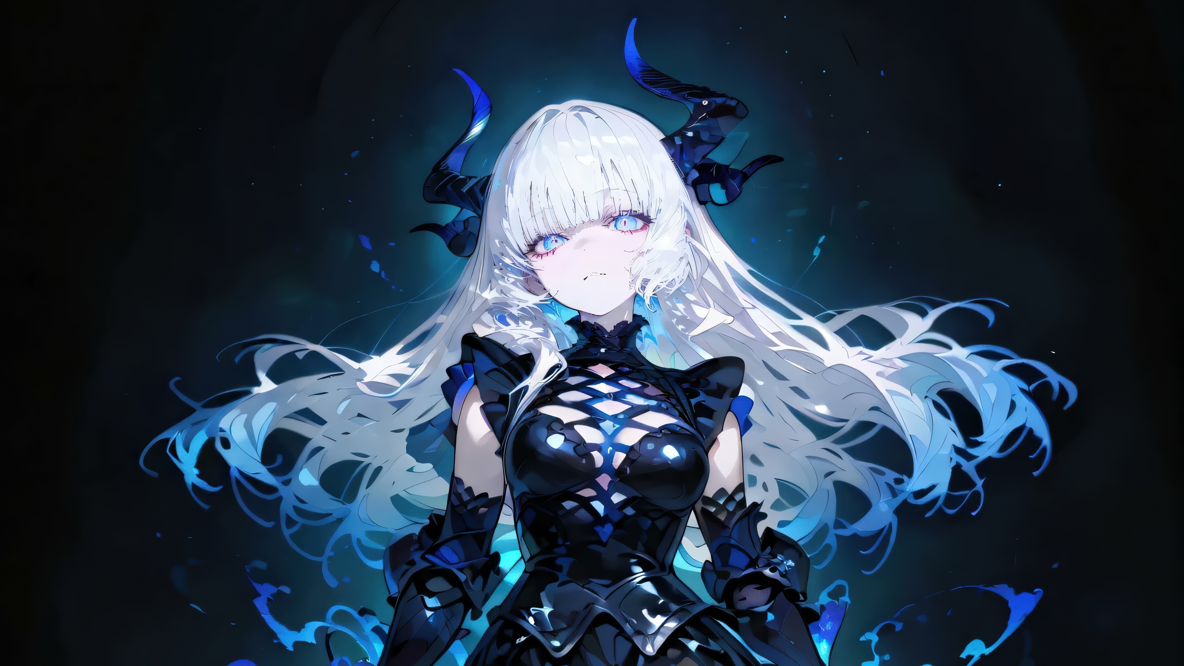 Anime Girl with White Hair and Demon Horns 4K HD Wallpaper