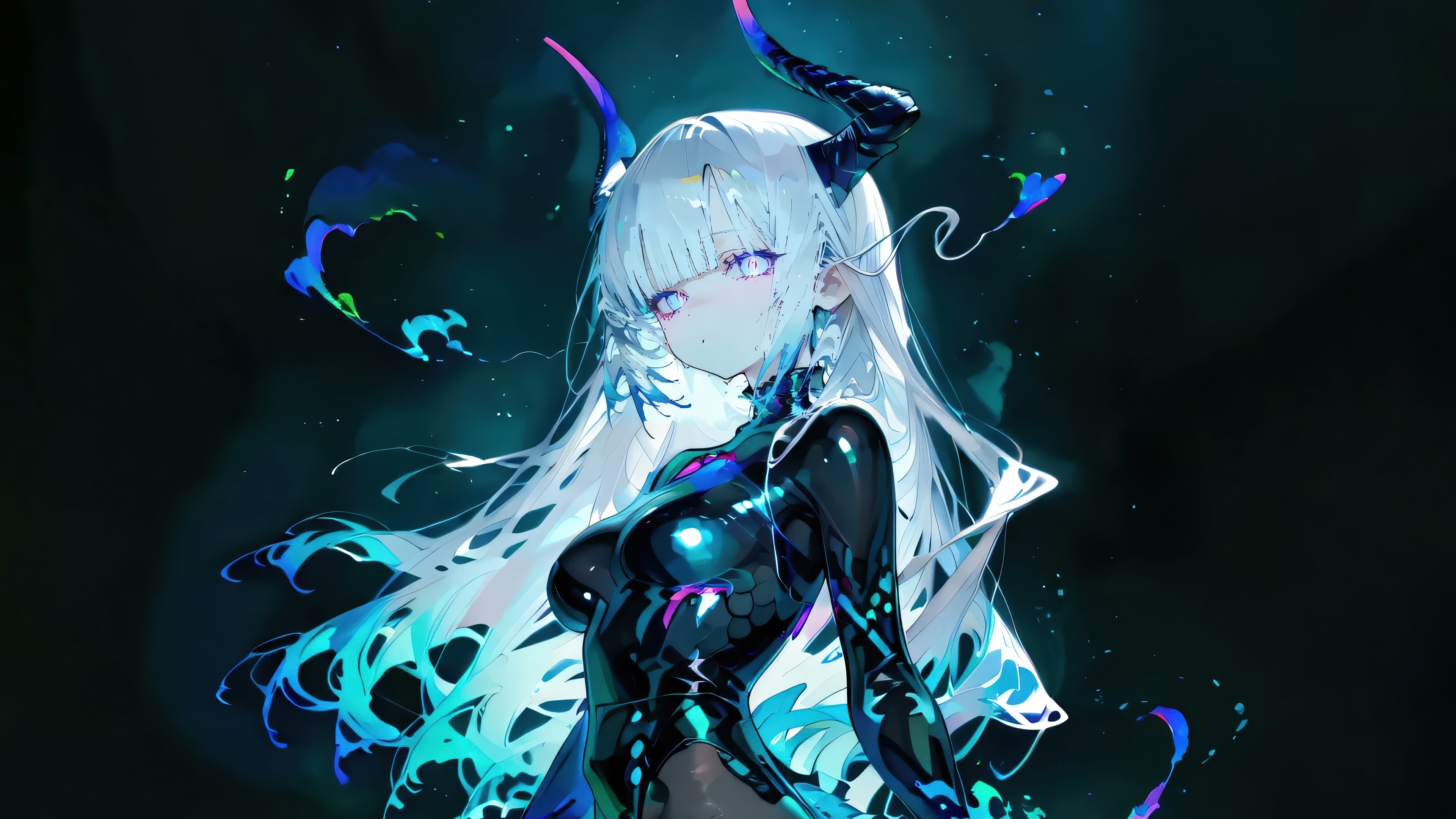 Anime Girl with White Hair and Demon Horns 4K HD Wallpaper