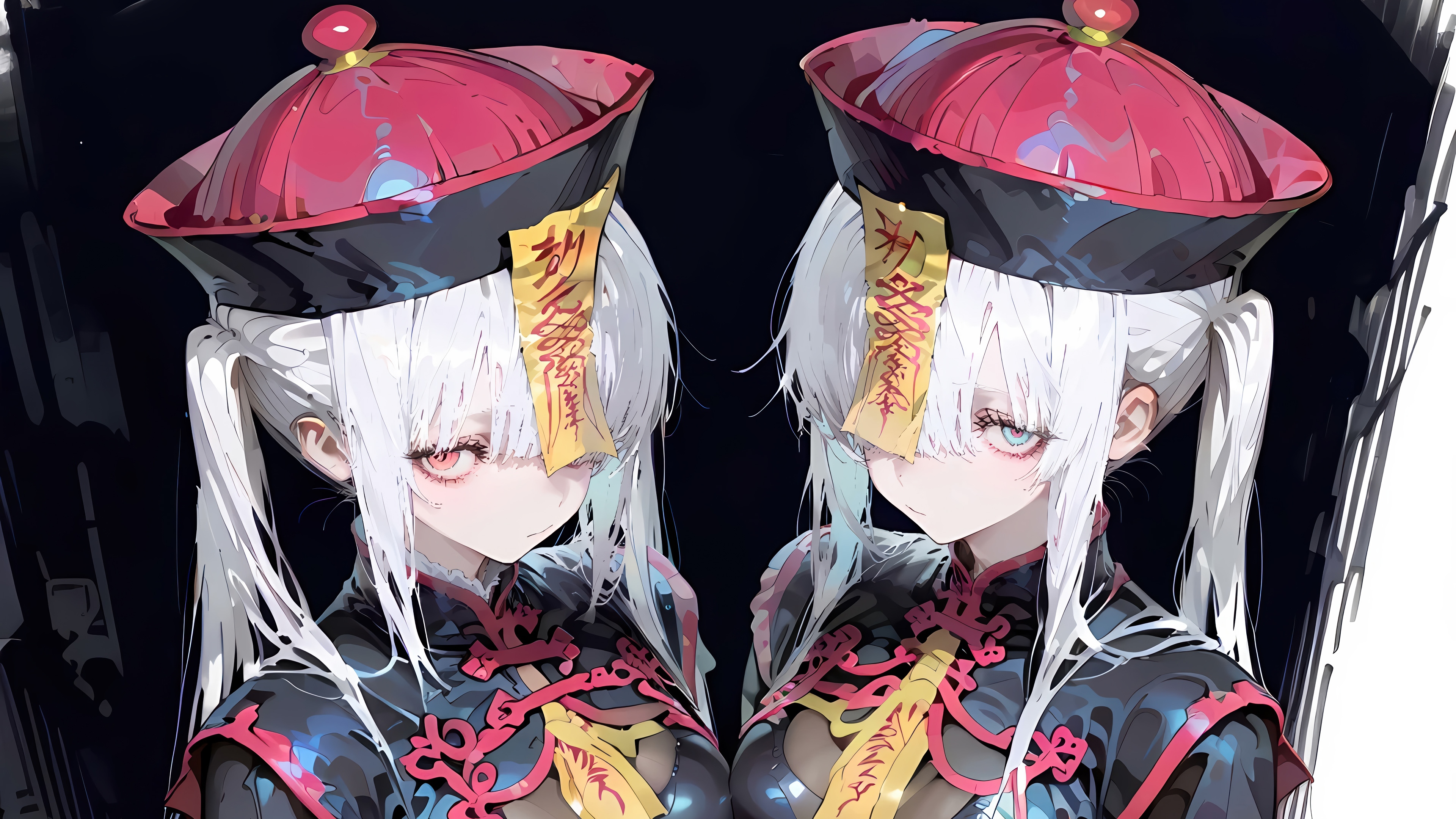 Anime Twins in Jiangshi Outfits 4K HD Wallpaper