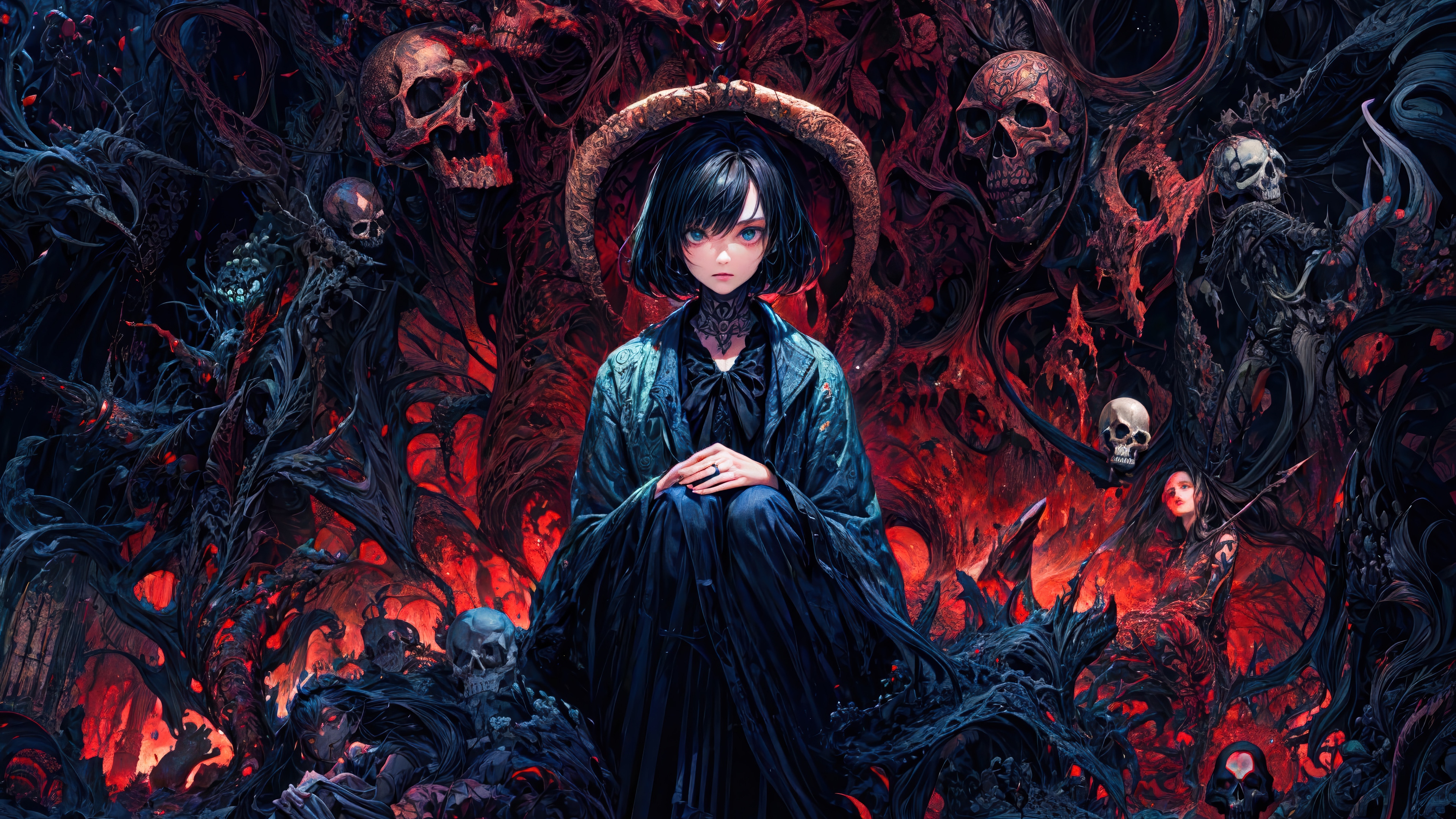 Anime Girl Surrounded by Skulls in 4K HD Wallpaper