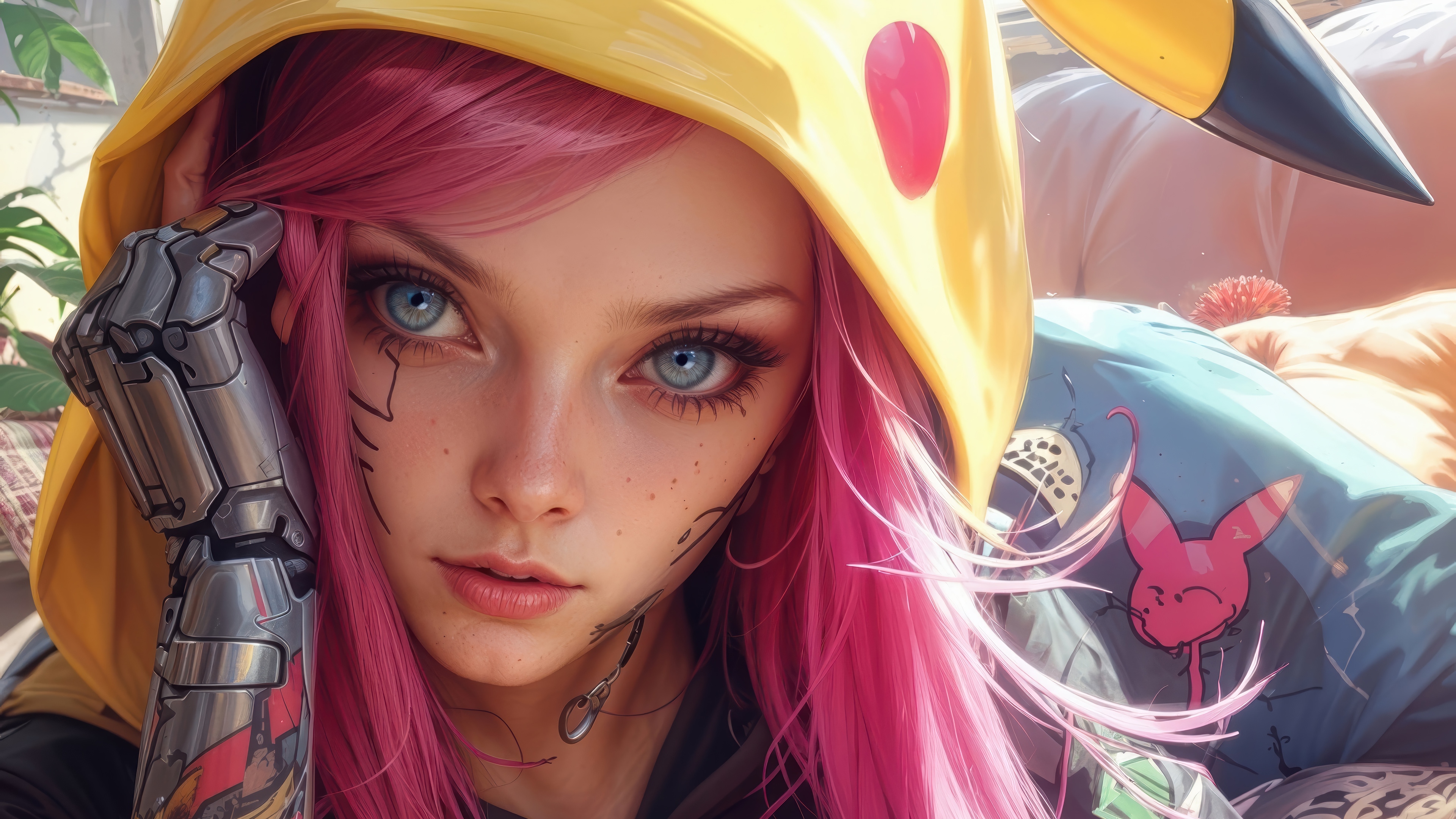 Anime Girl with Pink Hair and Cyberpunk Arm HD Wallpaper
