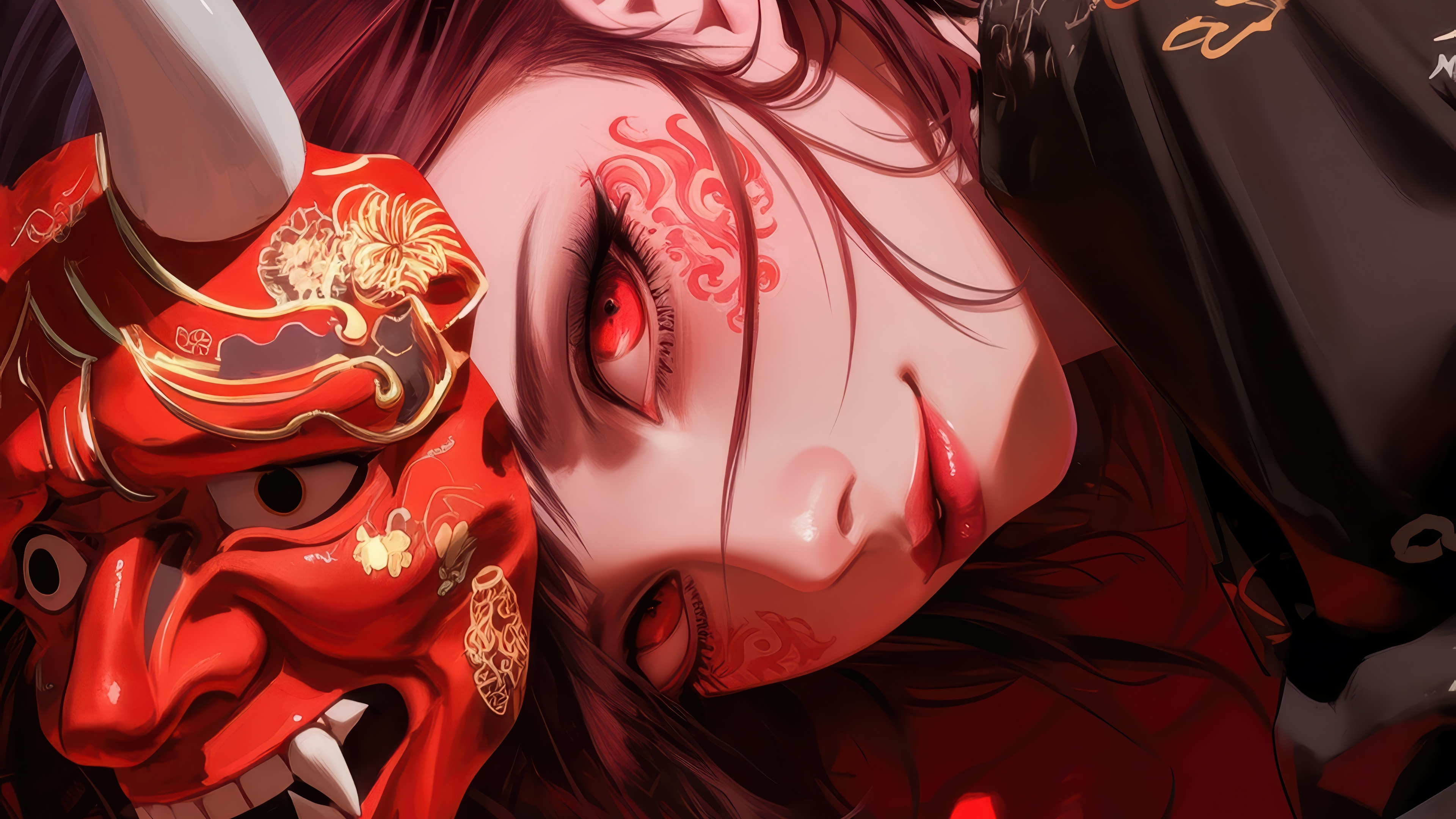 Anime Girl with Oni Mask and Red Eyes 4K HD Wallpaper