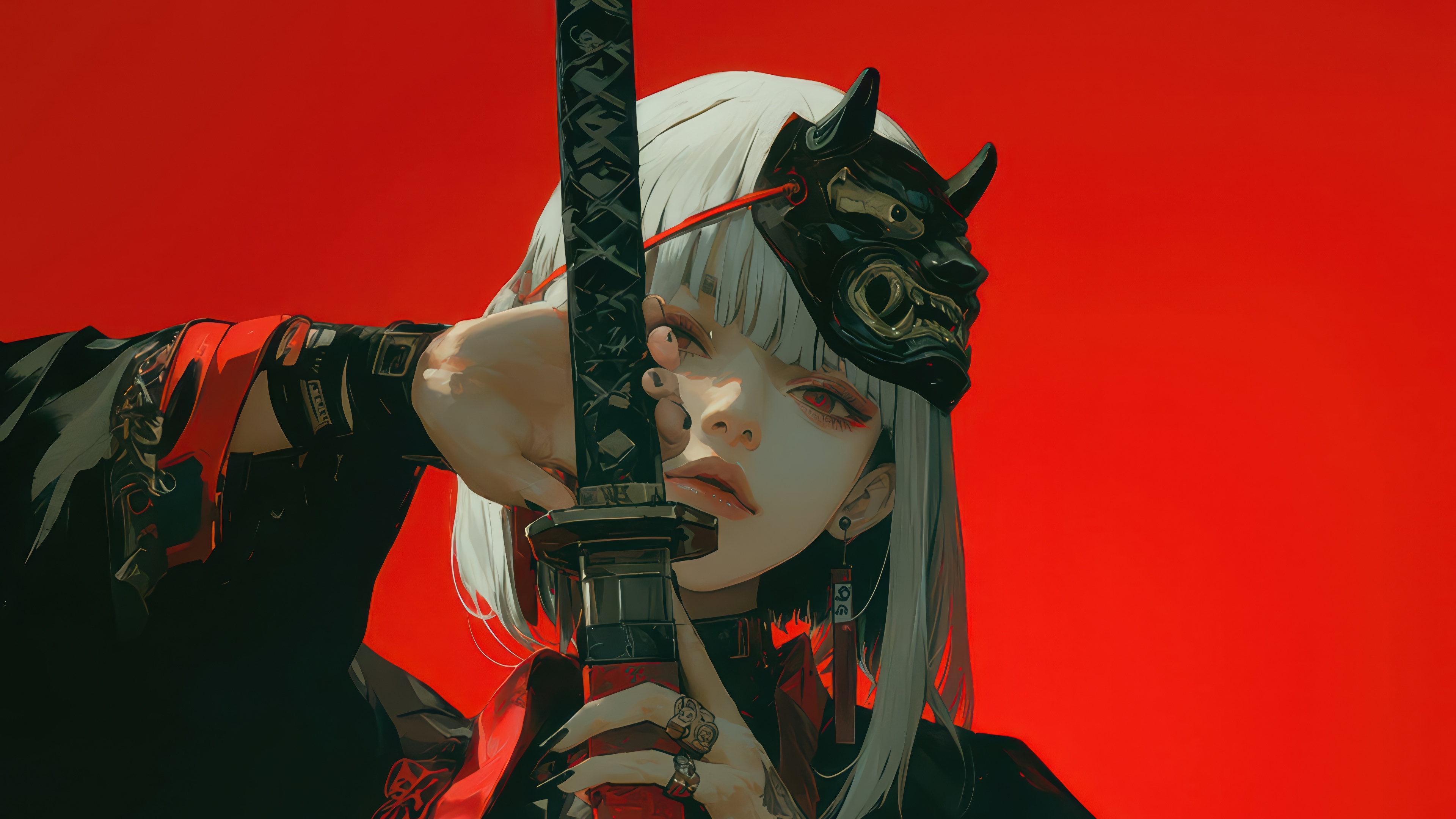 Anime Girl with Oni Mask and Katana 4K HD Wallpaper