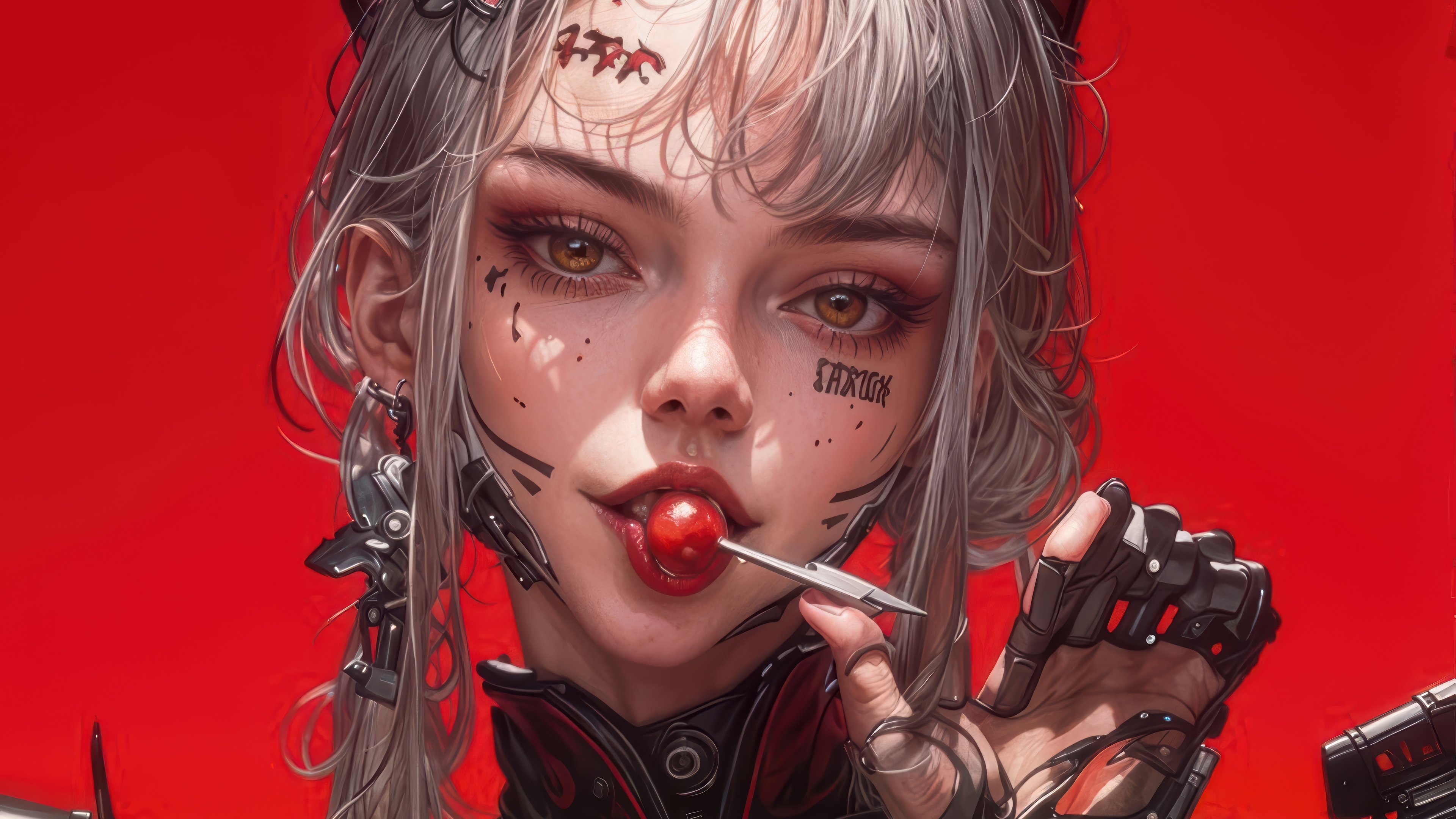 Anime Girl with Lollipop and Cybernetic Enhancements 4K HD Wallpaper