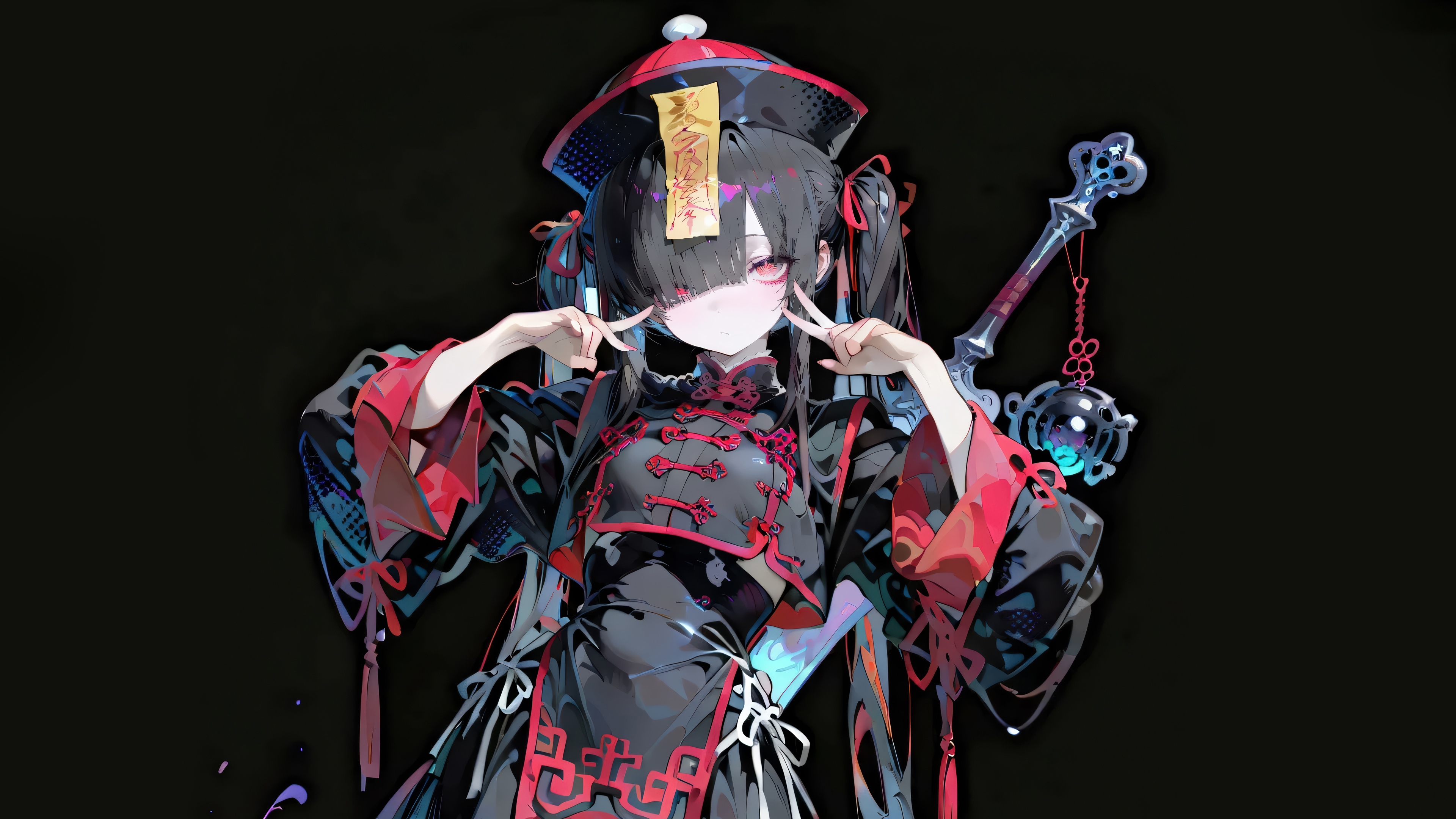 Anime Girl in Jiangshi Outfit with Staff 4K HD Wallpaper