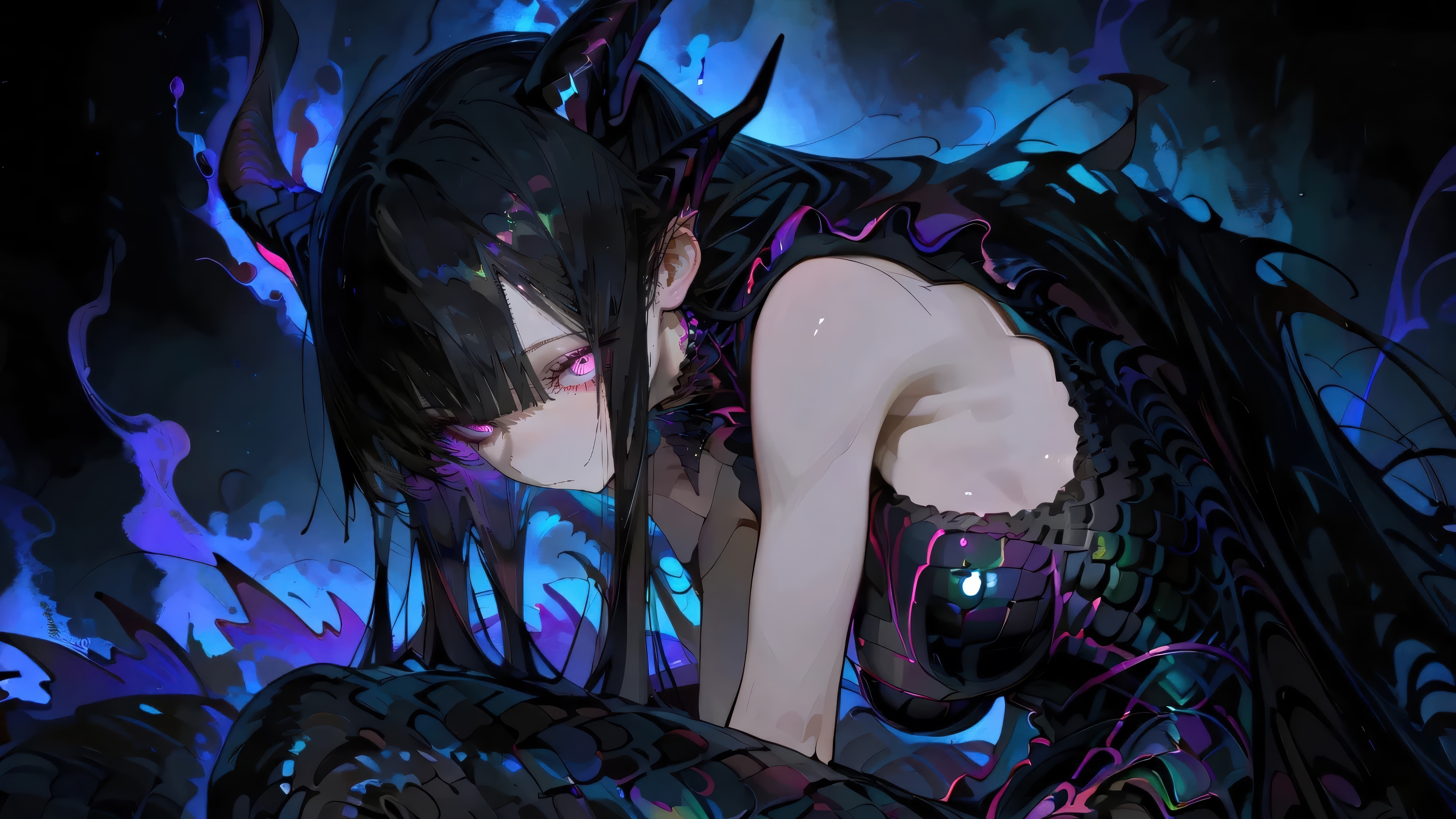 Anime Girl with Horns and Black Hair in 4K HD Wallpaper
