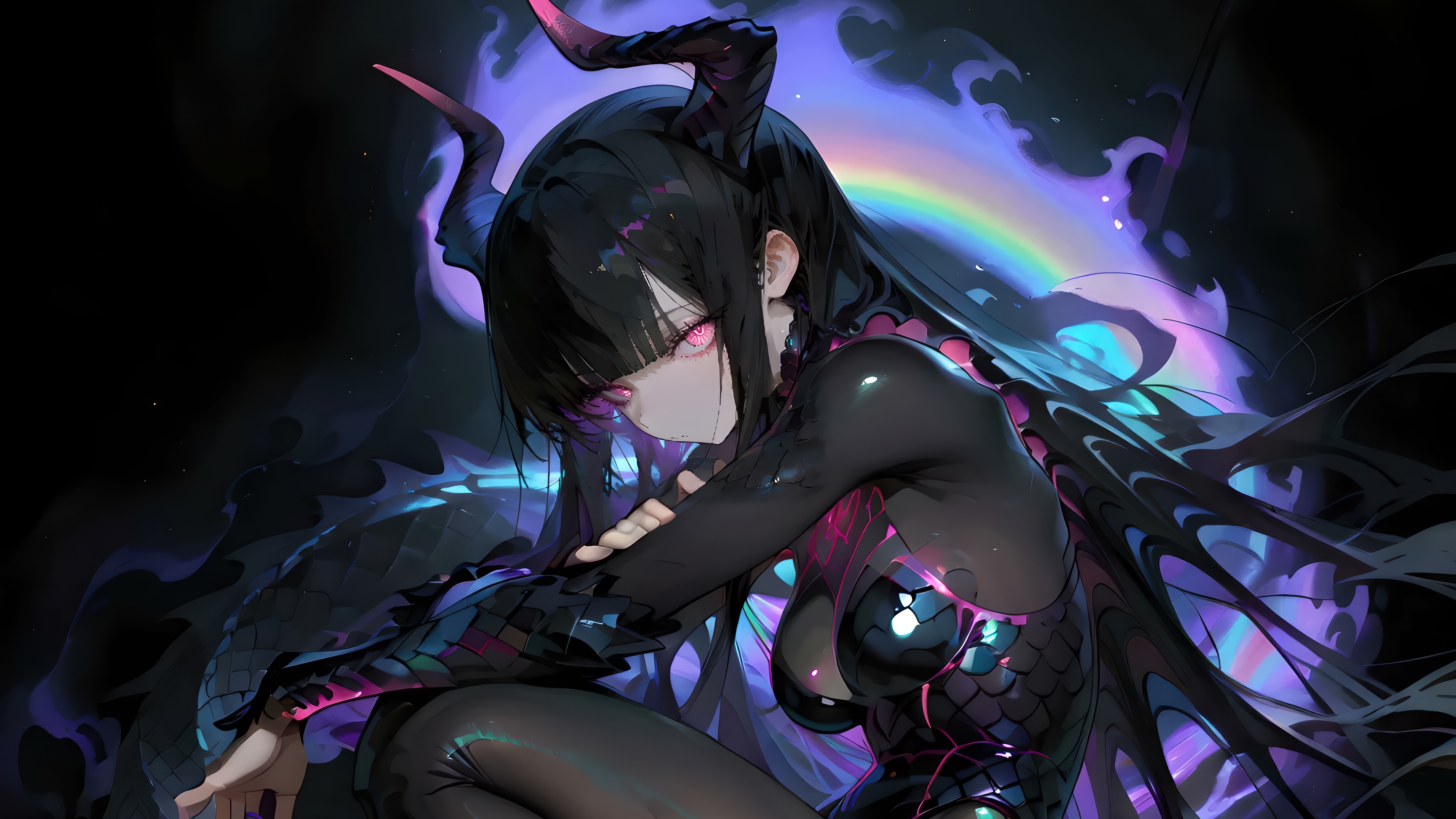 Anime Girl with Horns and Rainbow Aura 4K HD Wallpaper