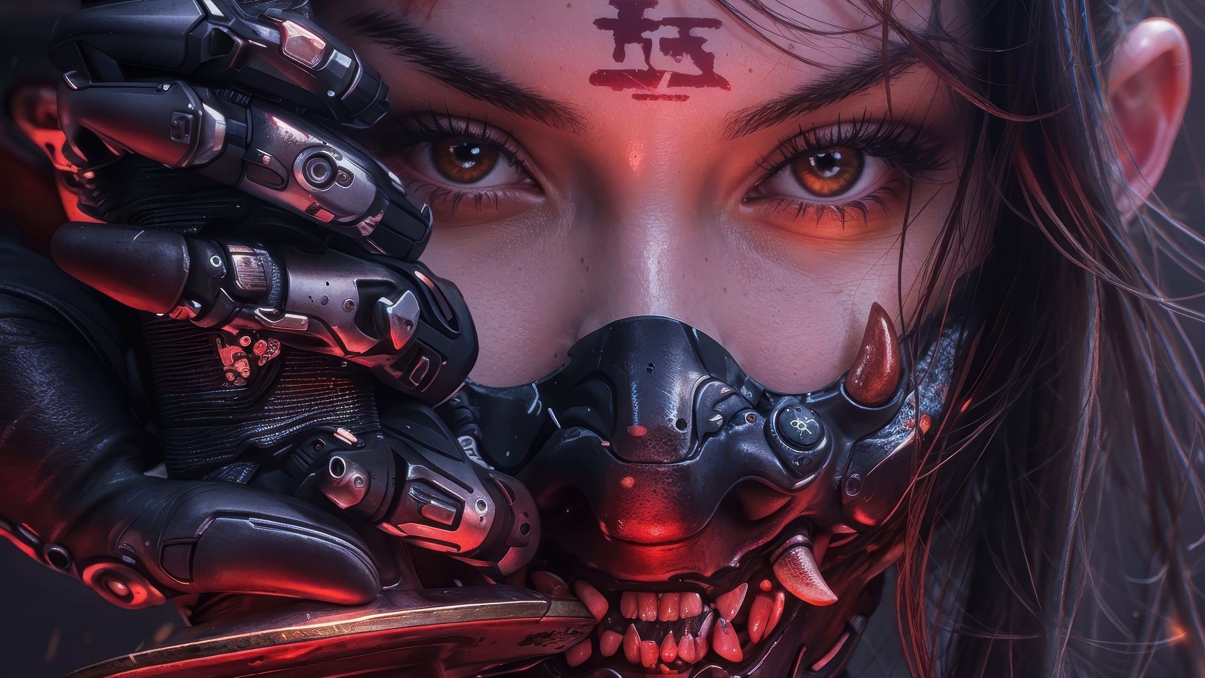 Cyberpunk Demon Girl with Mechanical Arm 4K HD Wallpaper