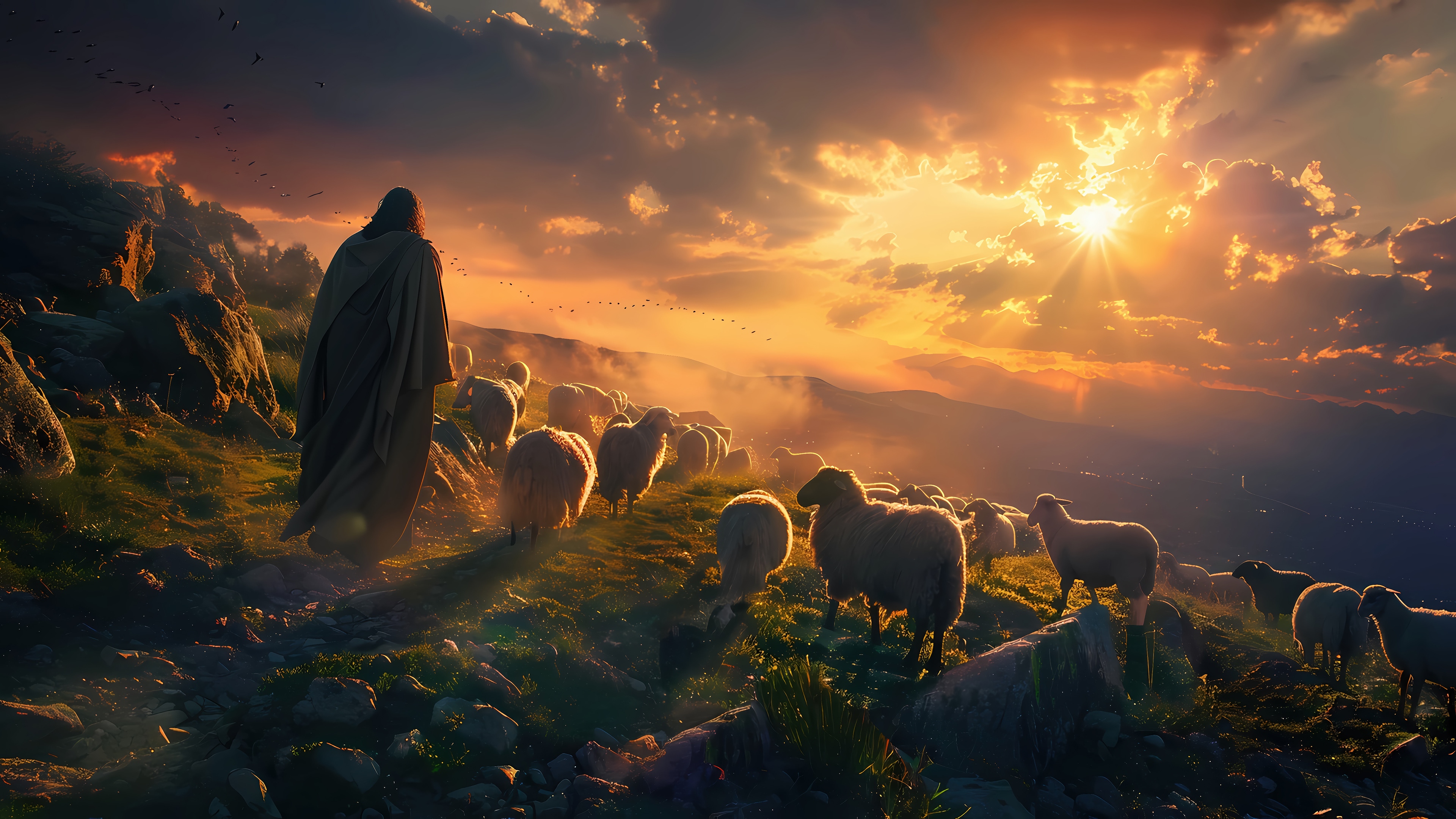 Jesus Christ leading sheep at sunrise 4K HD Wallpaper