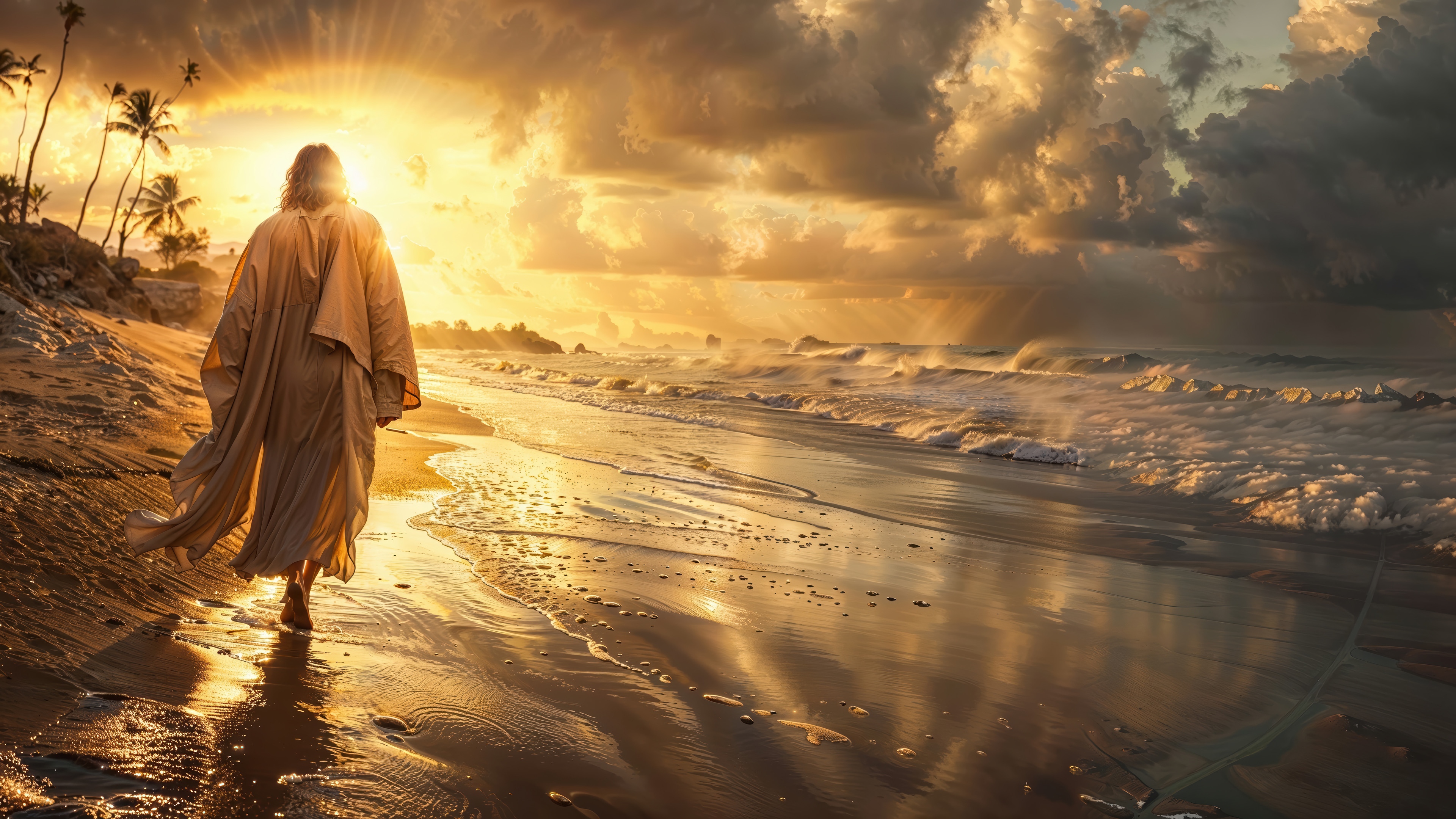 Jesus Christ walking on a beach at sunrise 4K HD Wallpaper
