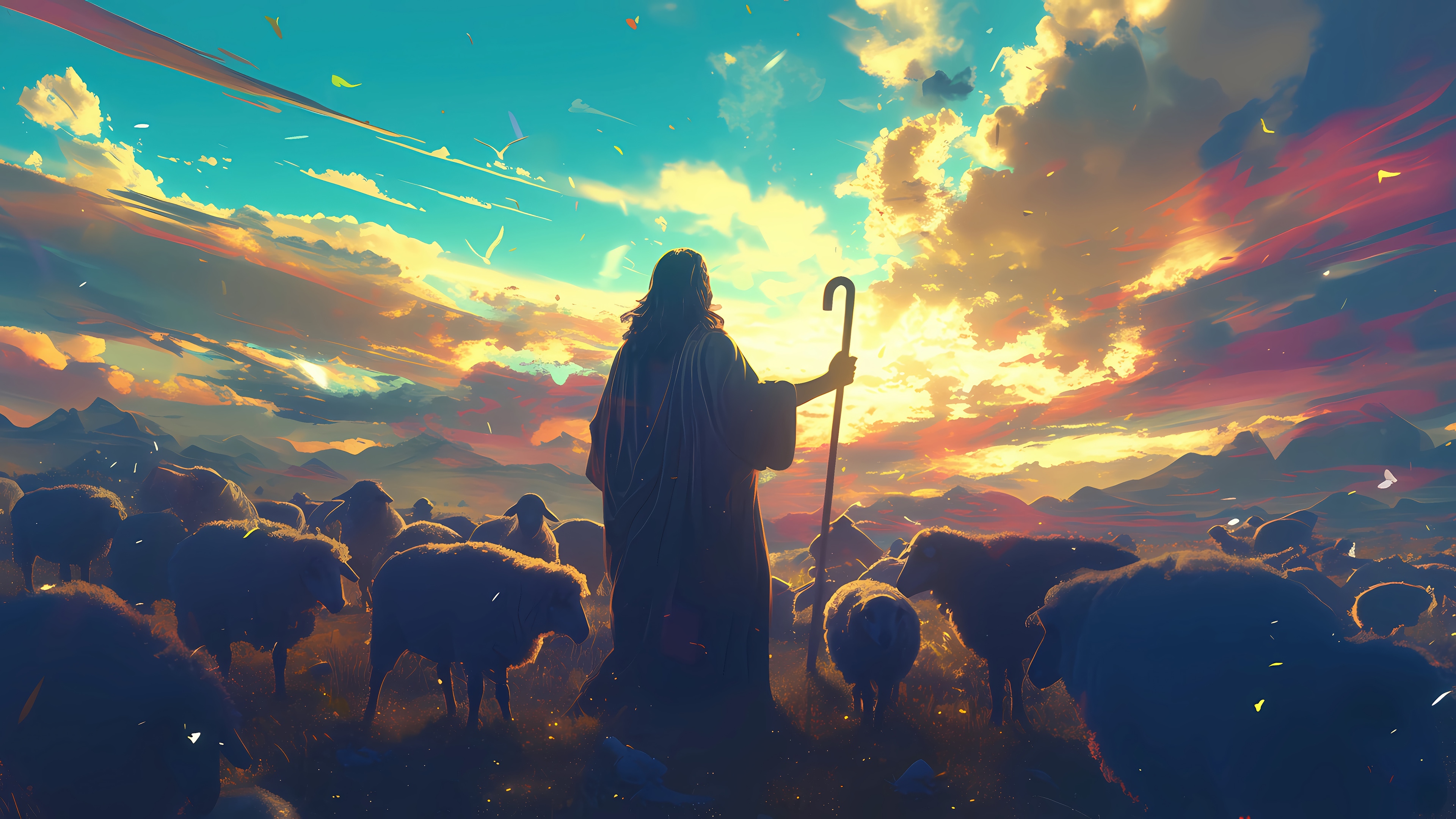 Jesus Christ with Sheep at Sunrise 4K HD Wallpaper
