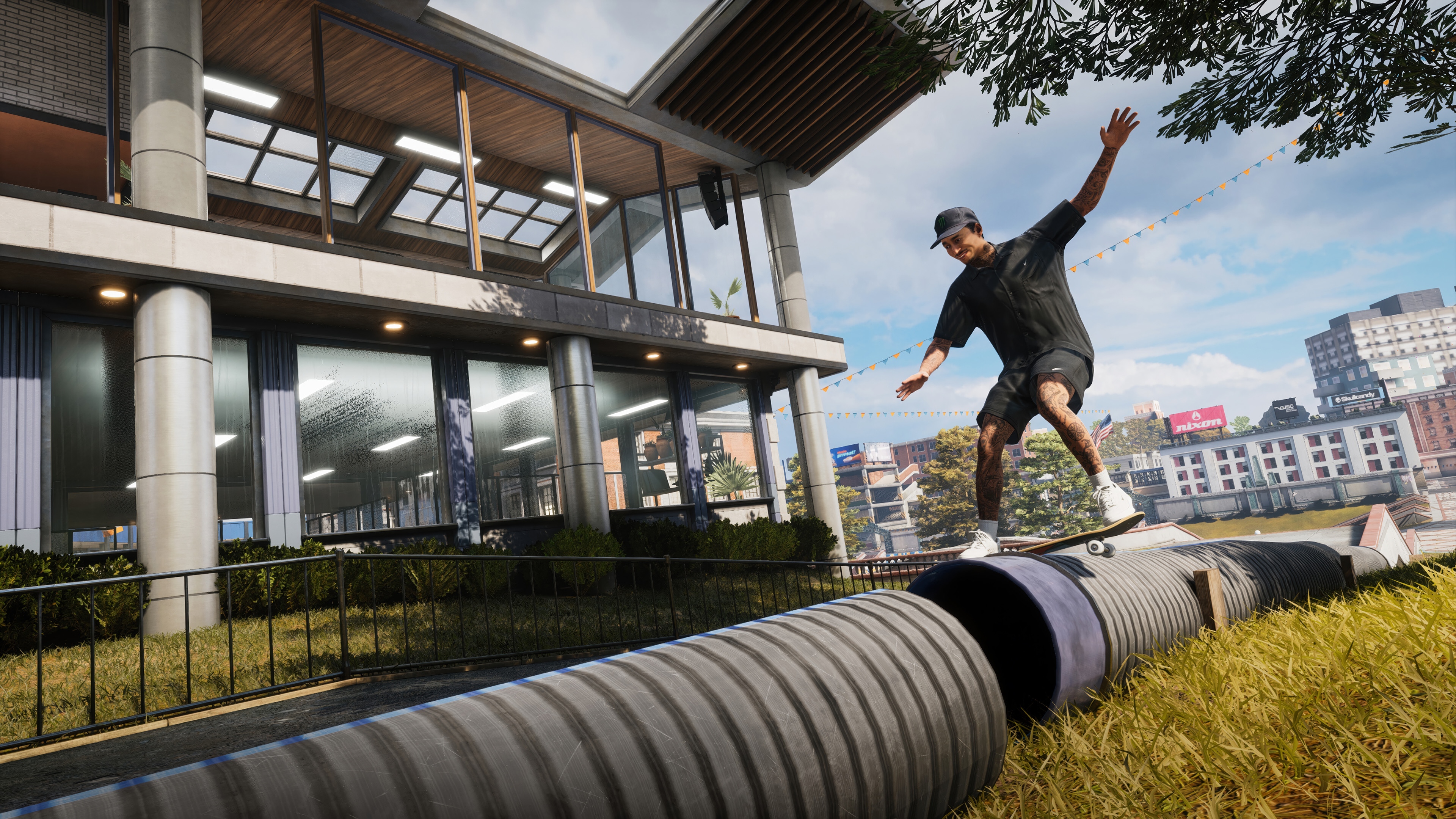 Skater performing a trick on a pipe in a city HD Wallpaper