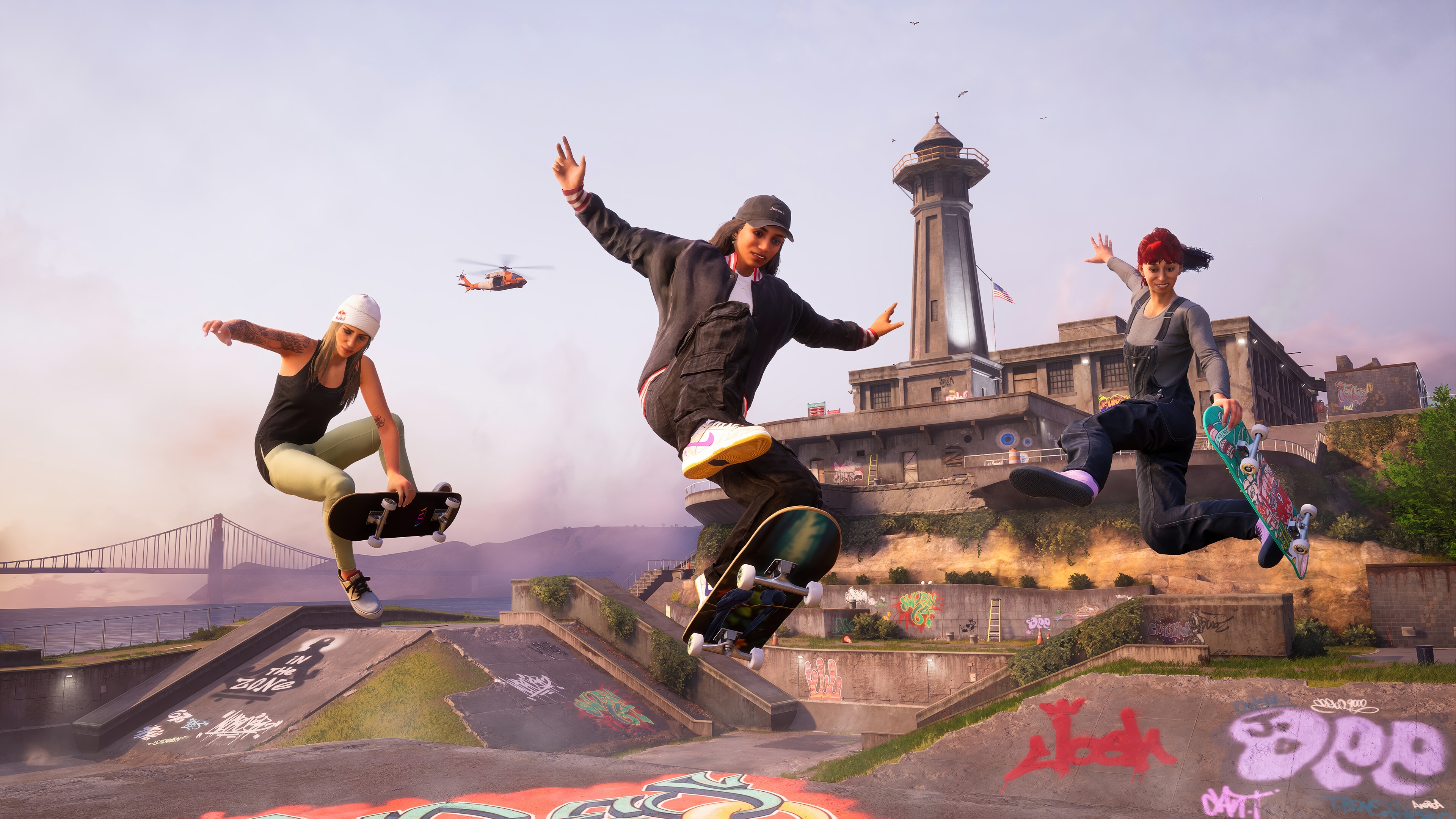 Skateboarding in a skatepark with a lighthouse in the background HD Wallpaper
