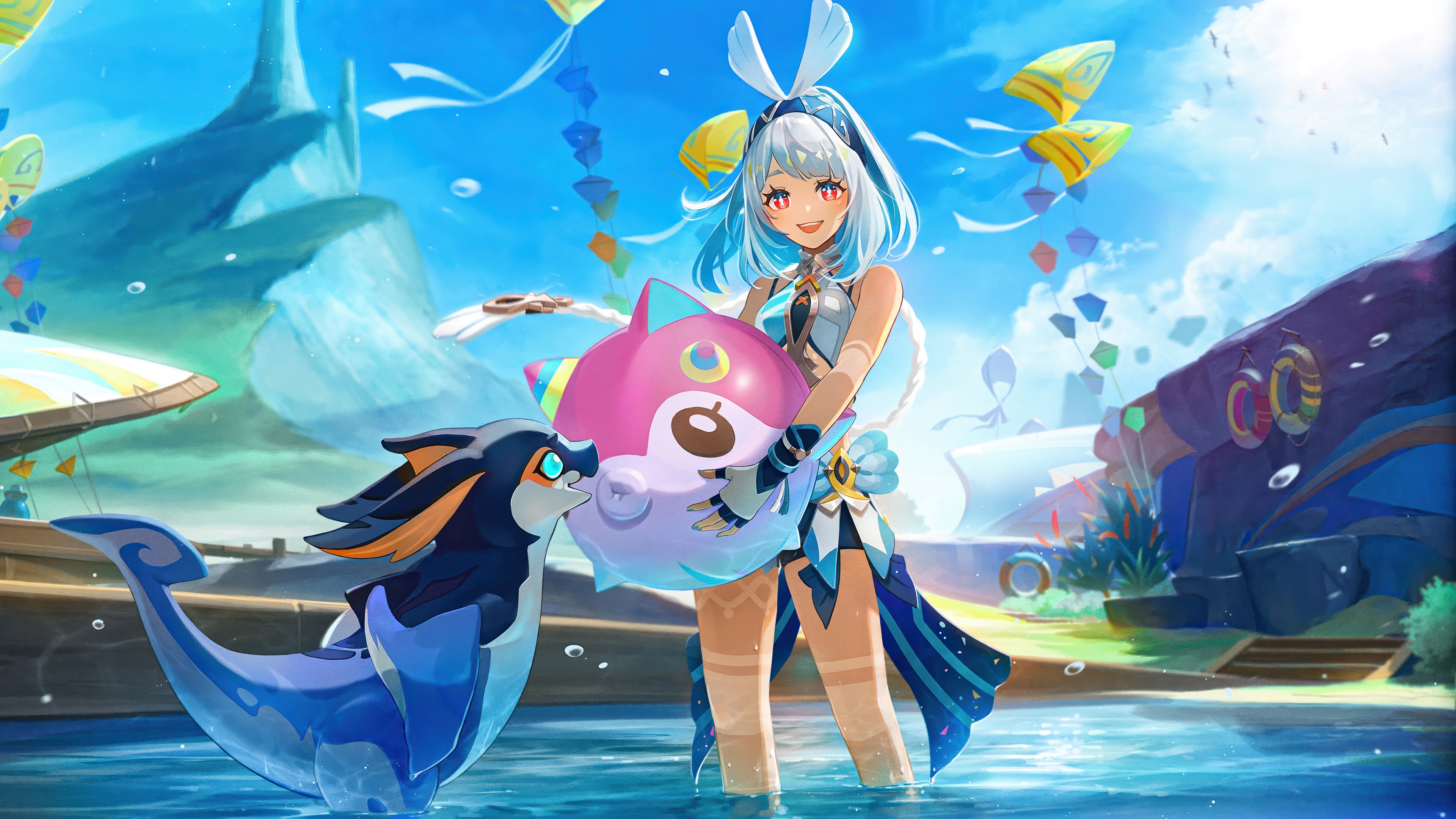 Genshin Impact: Girl and Creature with Inflatable Toy HD Wallpaper