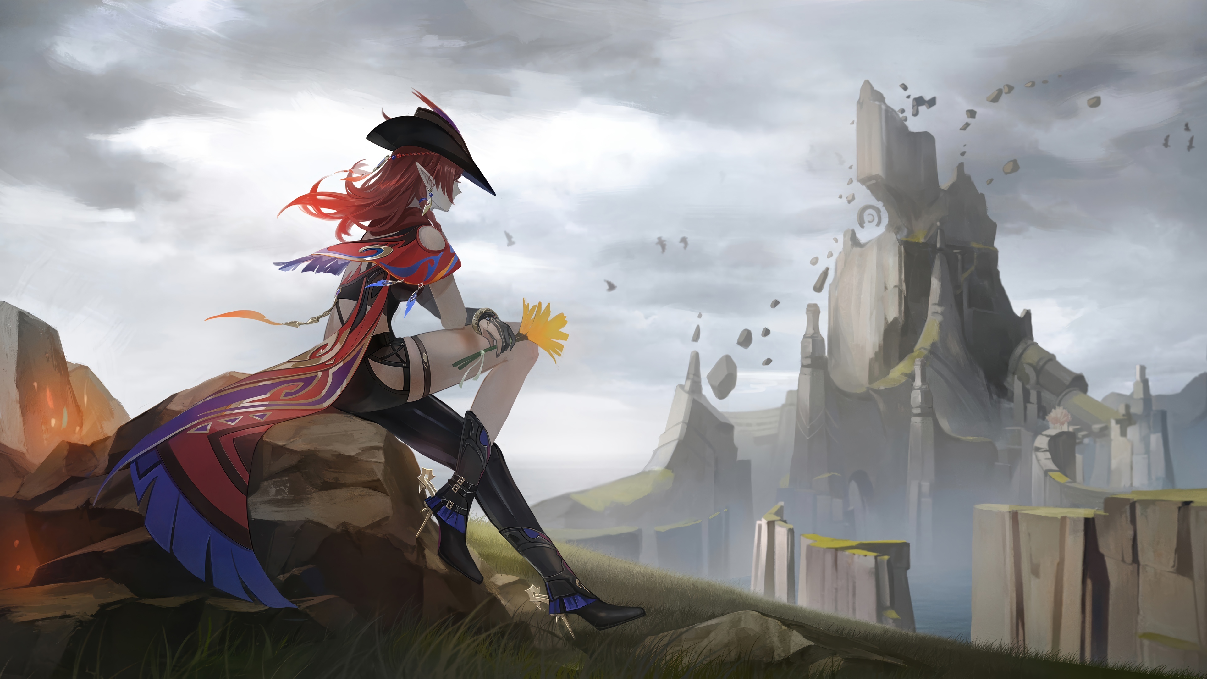 Chasca from Genshin Impact sitting on rocks HD Wallpaper