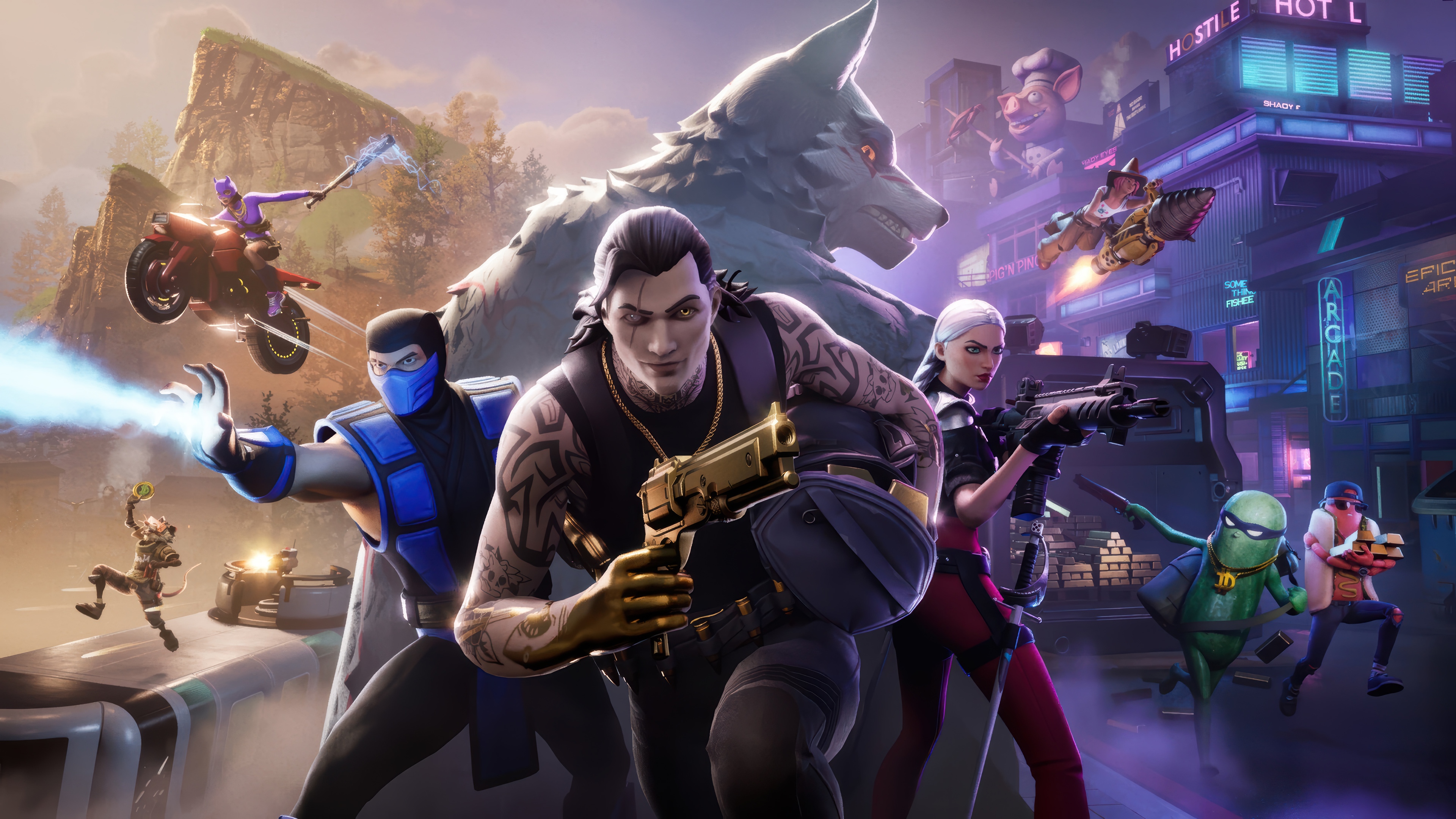 Fortnite characters in a neon city with a werewolf HD Wallpaper