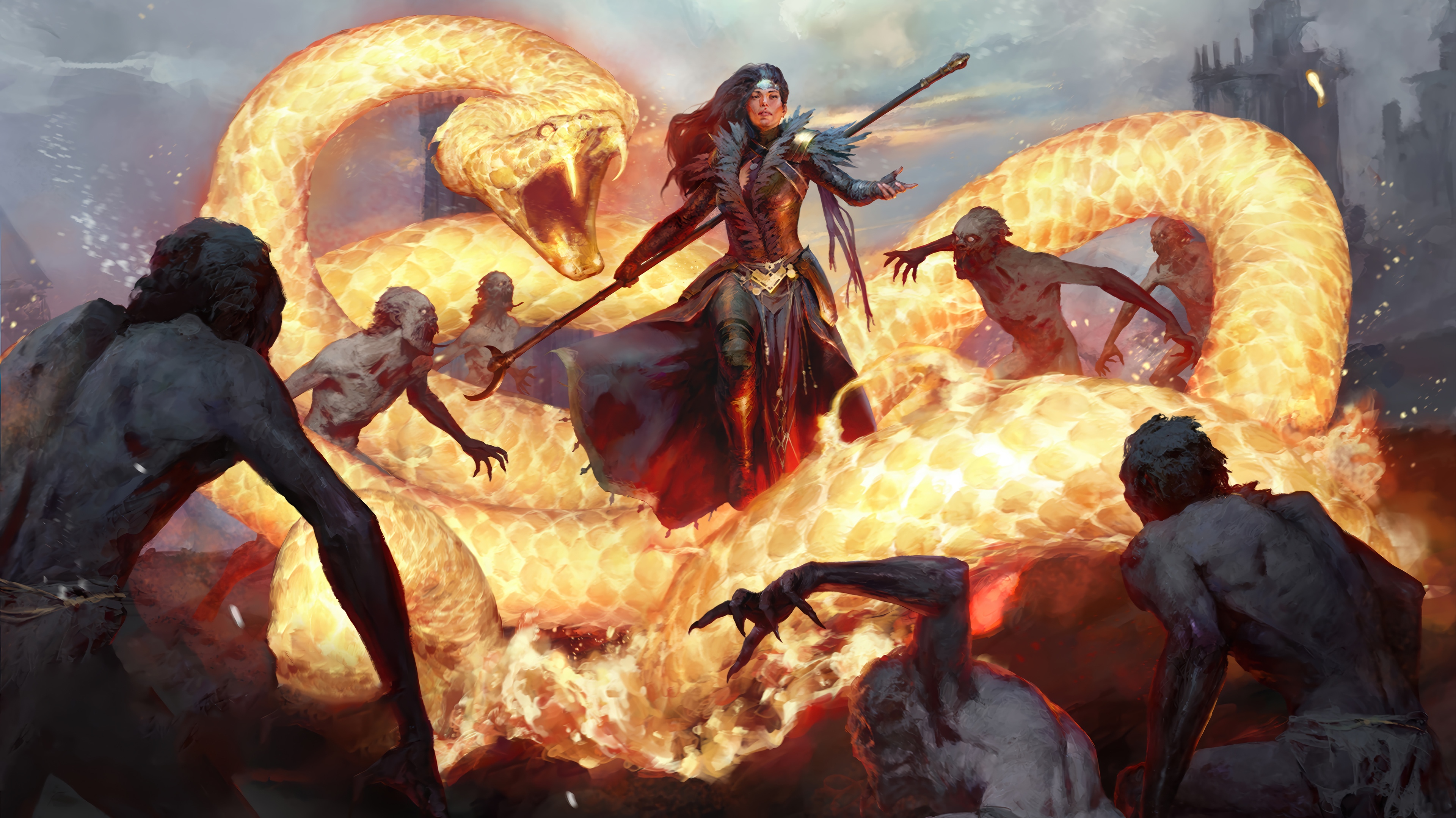 Sorcerer fighting zombies with a giant snake in Diablo IV 4K HD Wallpaper