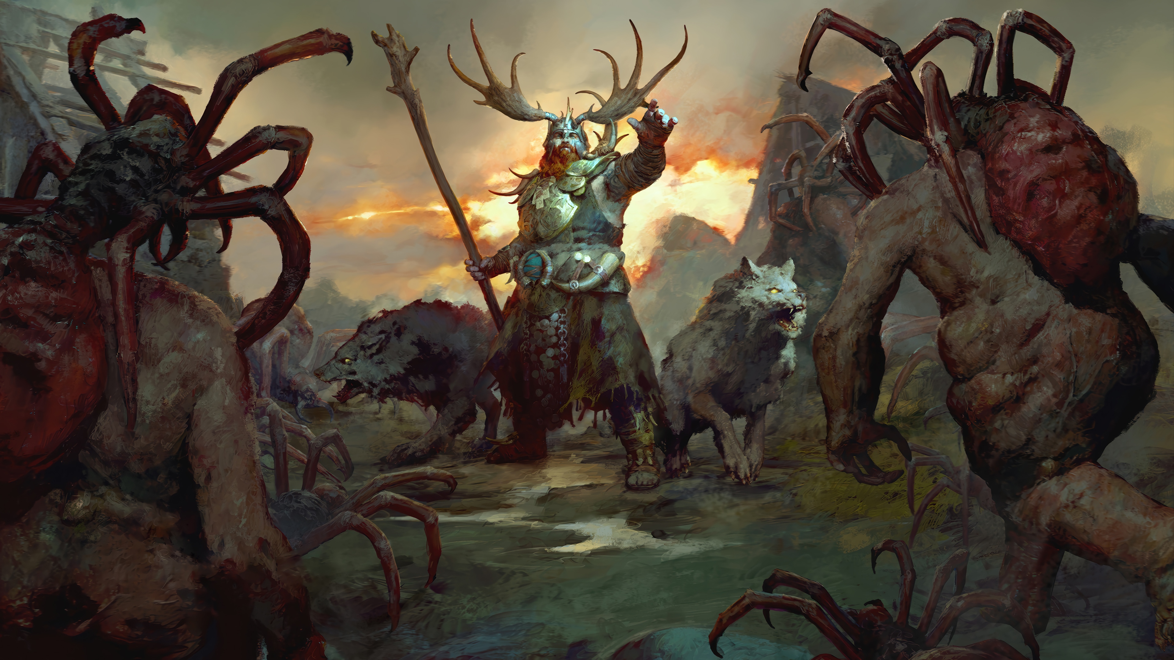 Druid with wolves and spider-like creatures in Diablo IV 4K HD Wallpaper