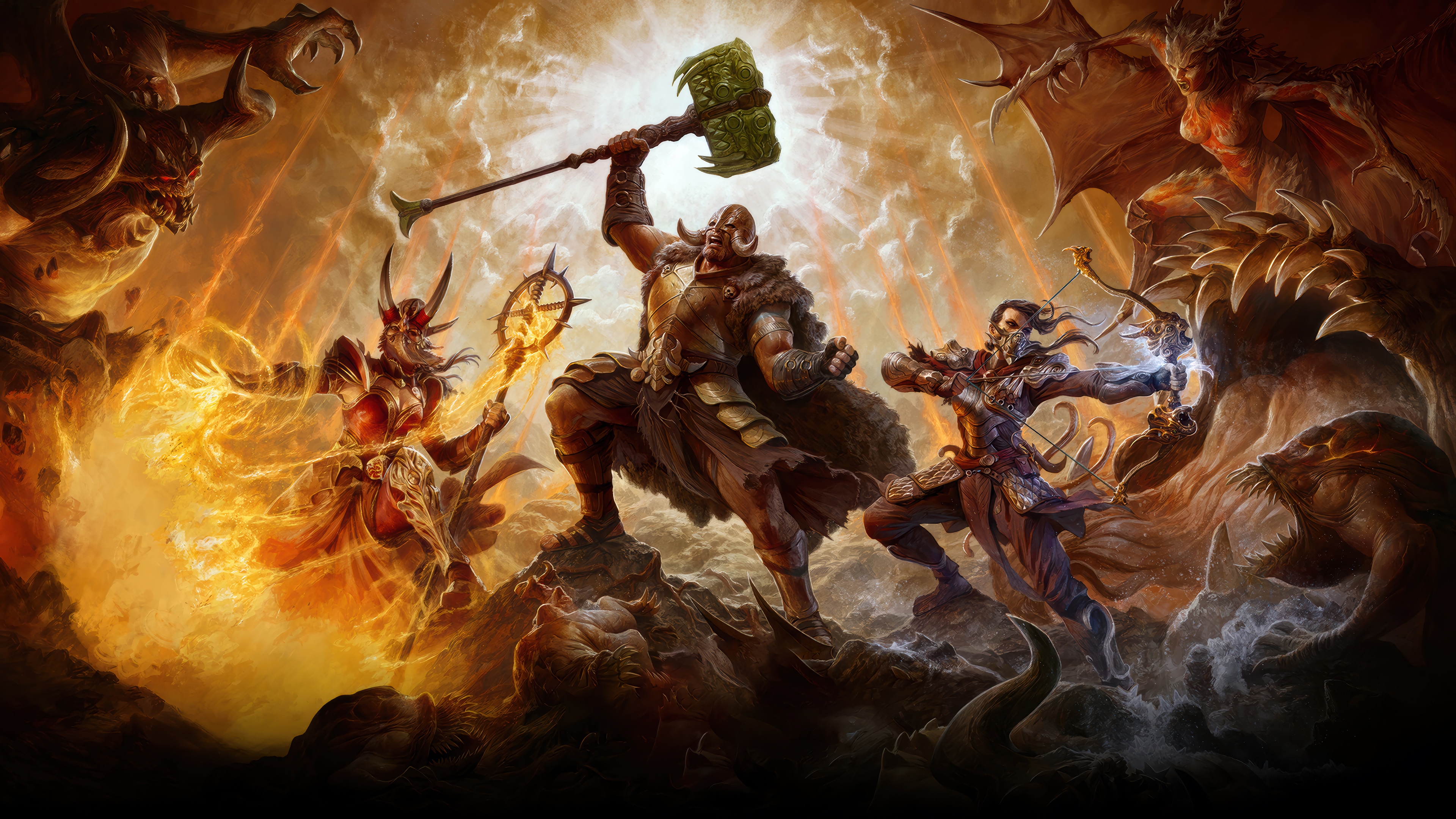 Diablo 4: Barbarian, Sorcerer, and Rogue battle demons HD Wallpaper