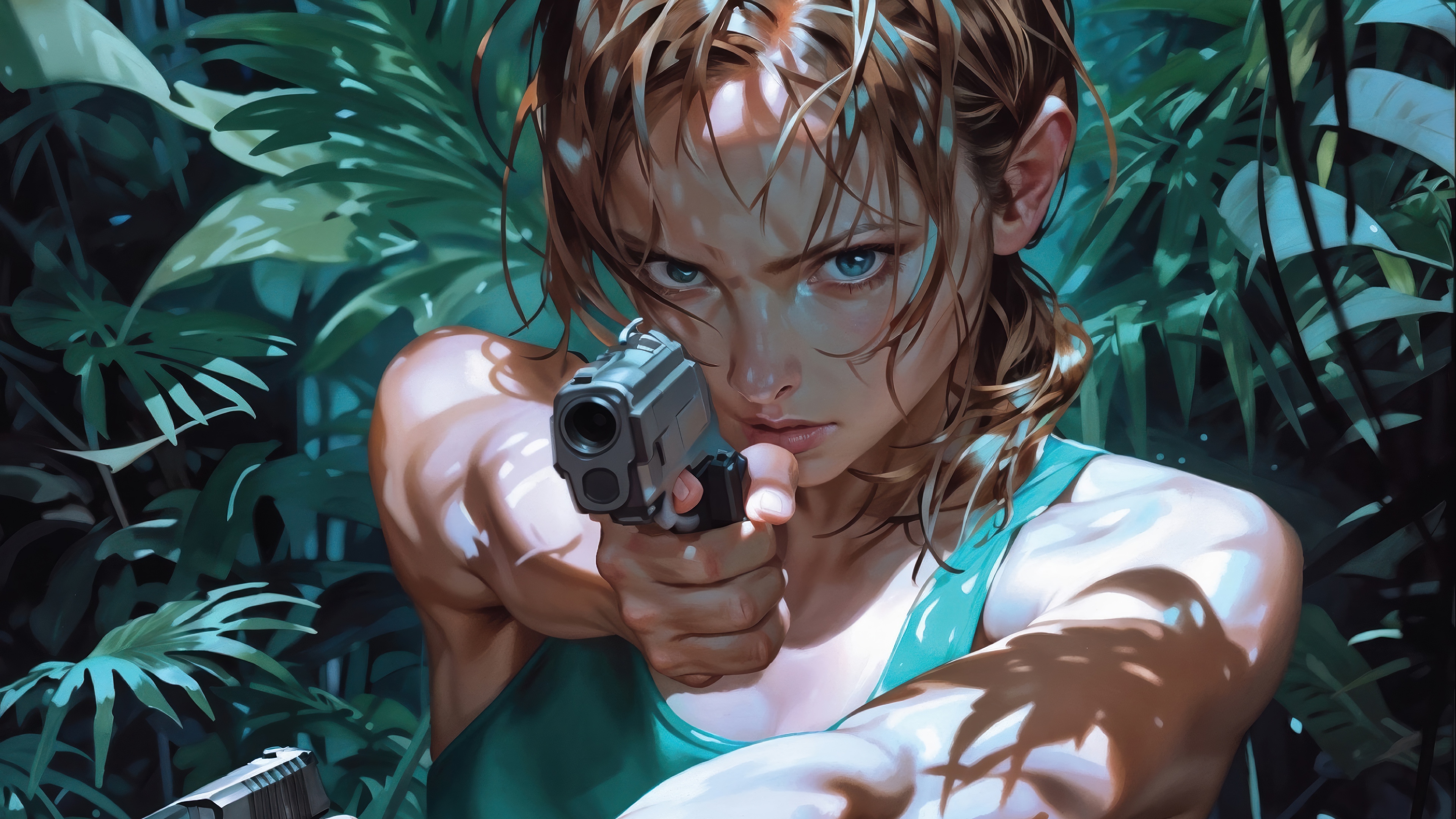 Lara Croft holding a gun in a jungle 4K HD Wallpaper