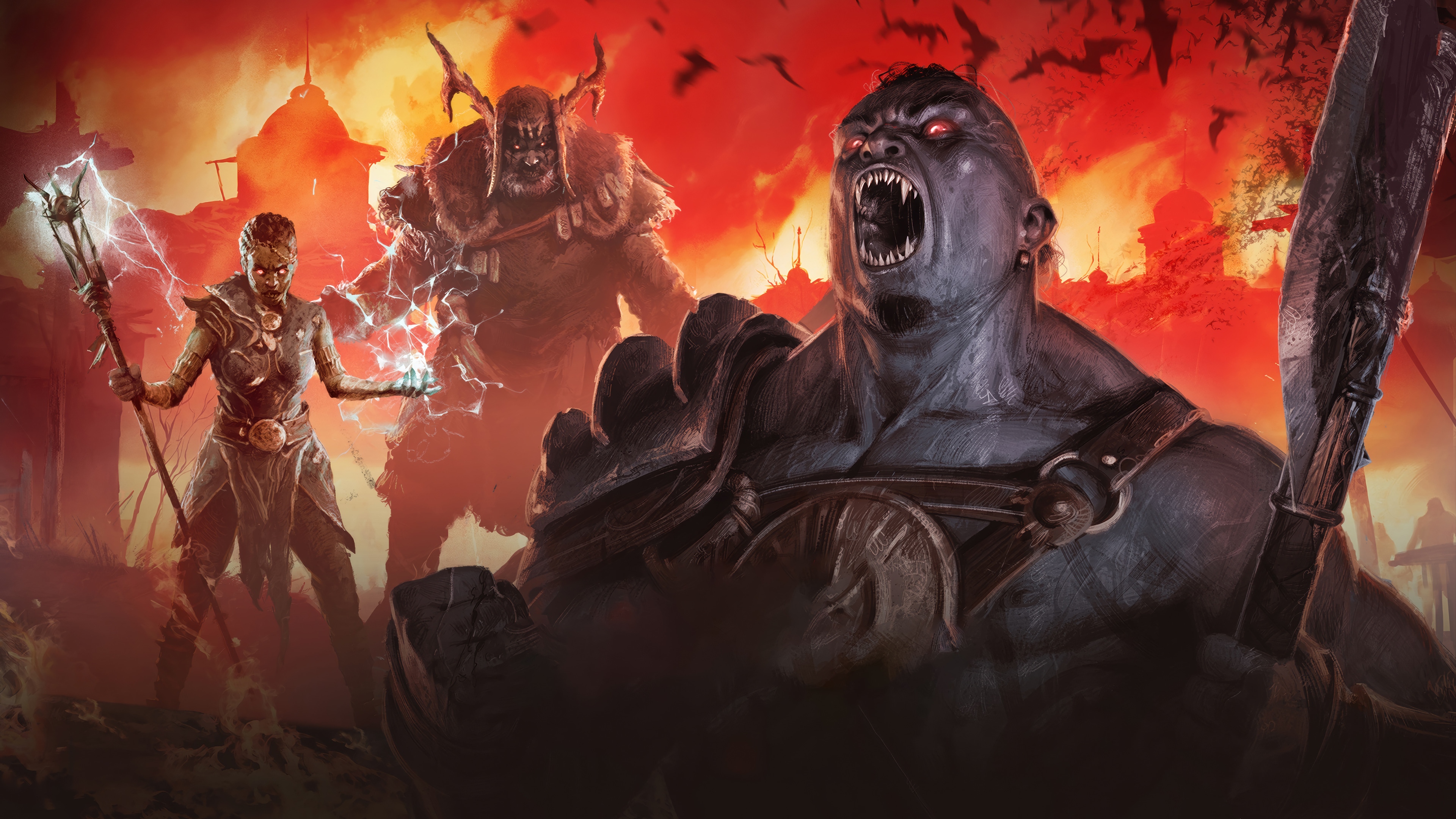 Diablo IV Barbarian, Sorcerer, and Druid in battle HD Wallpaper