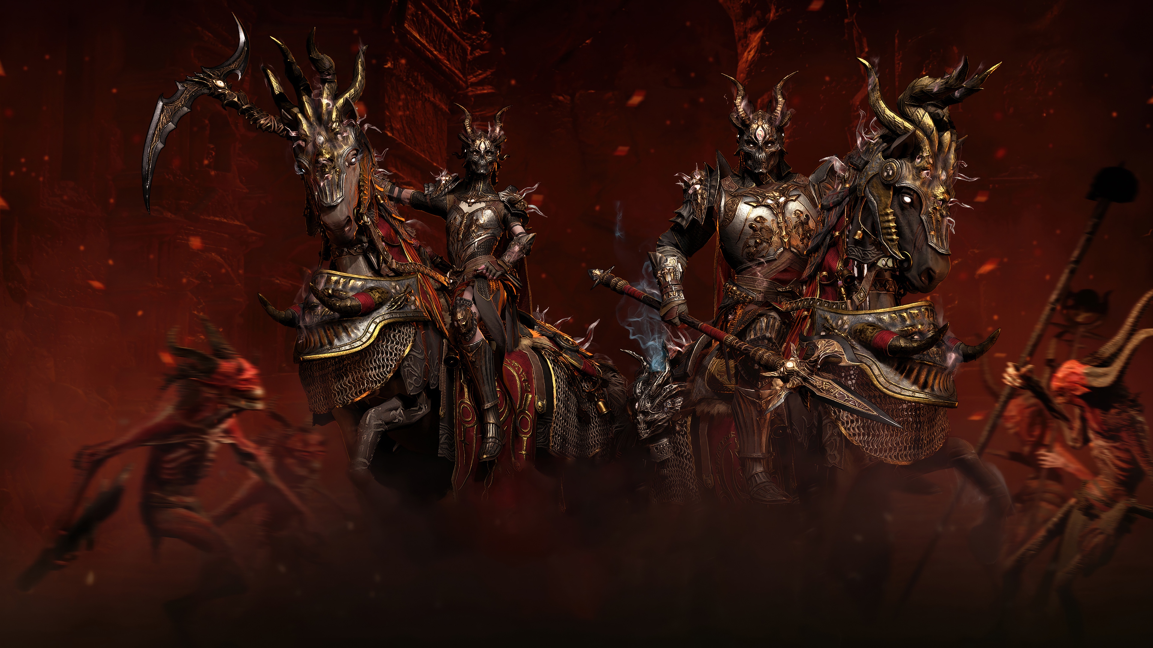 Diablo IV 4K: Two armored riders on demonic horses HD Wallpaper