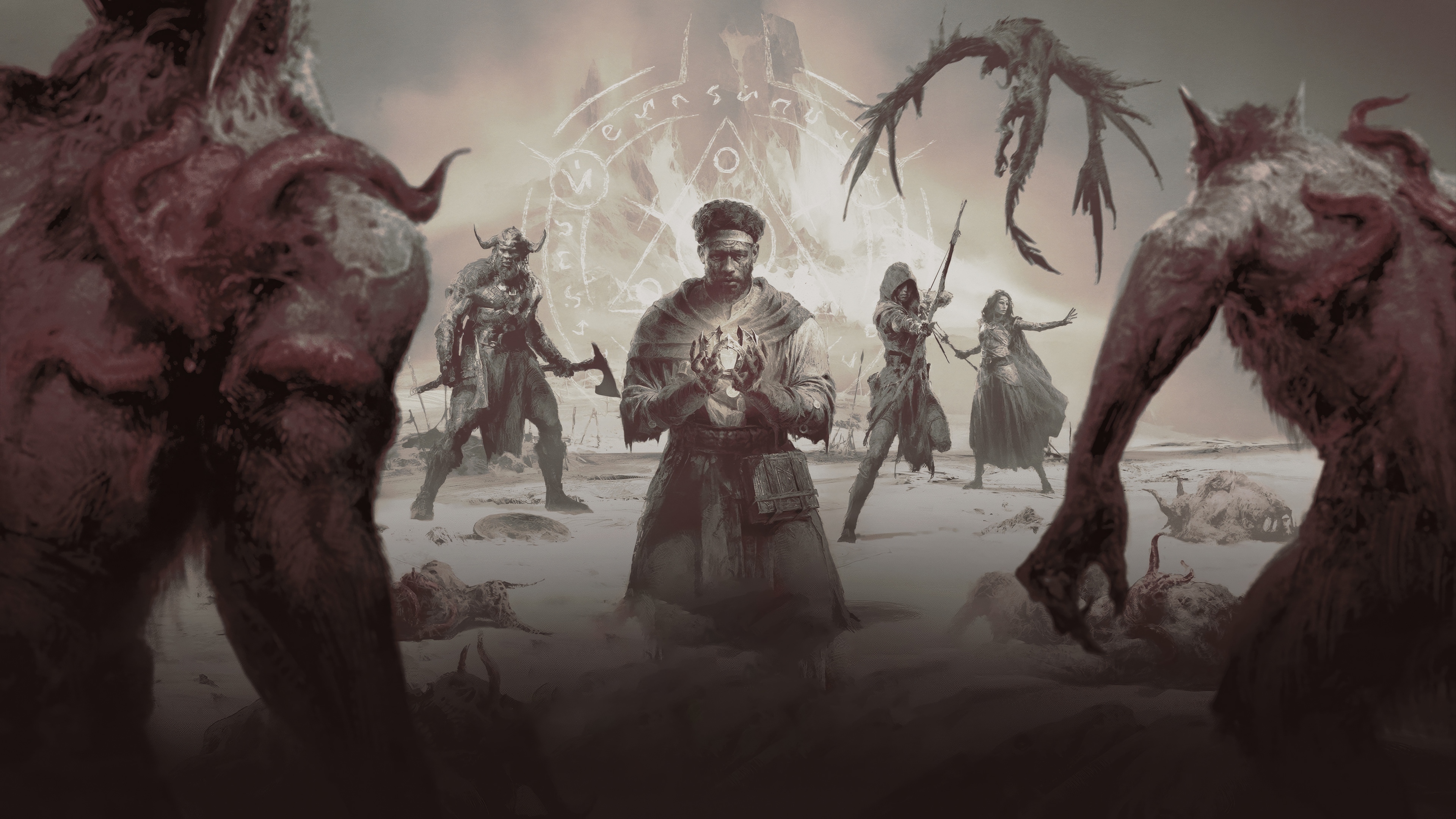Diablo IV Barbarian, Rogue, Sorcerer, and Monsters HD Wallpaper