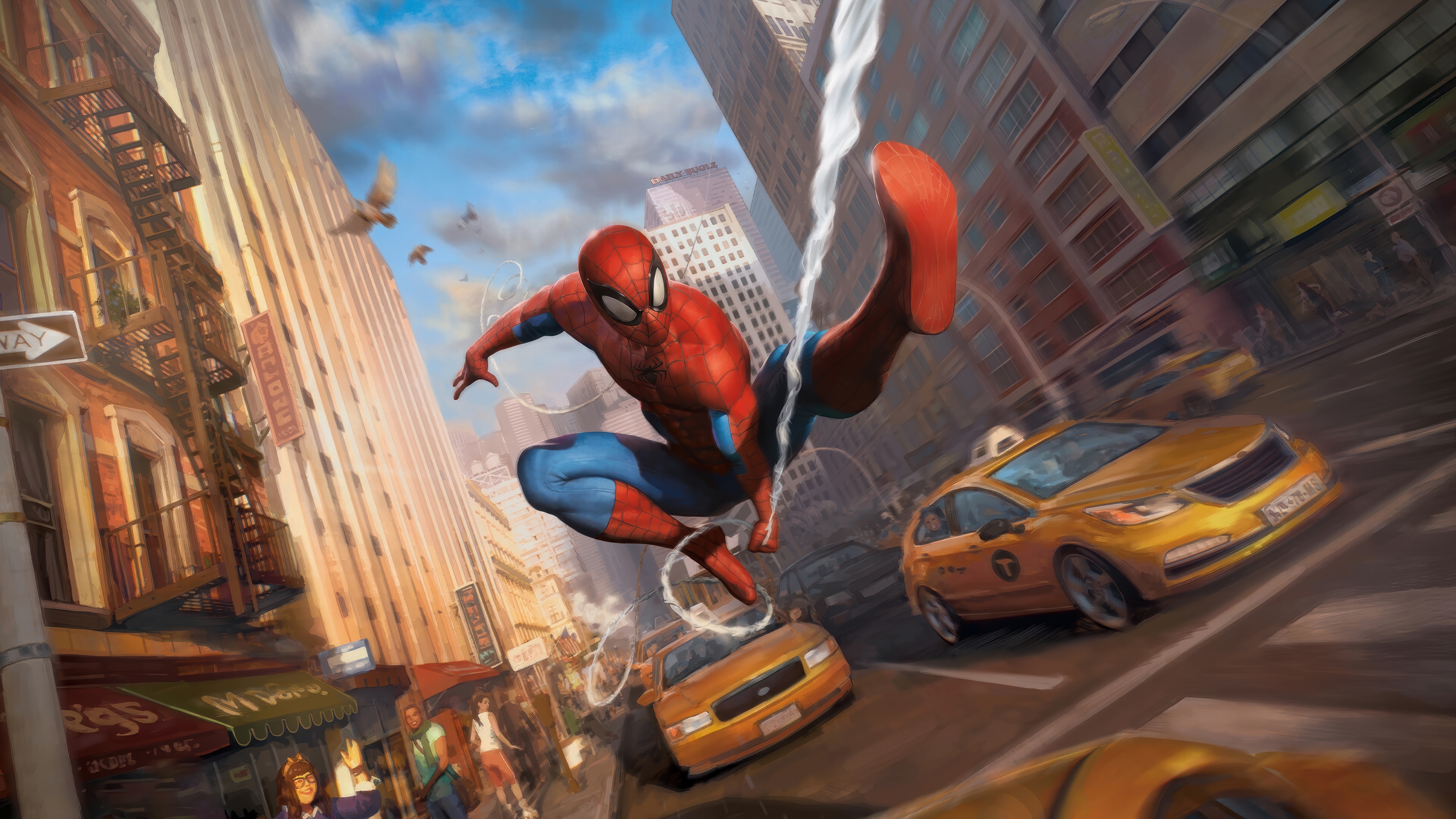 Spider-Man Swings Through a City Street HD Wallpaper