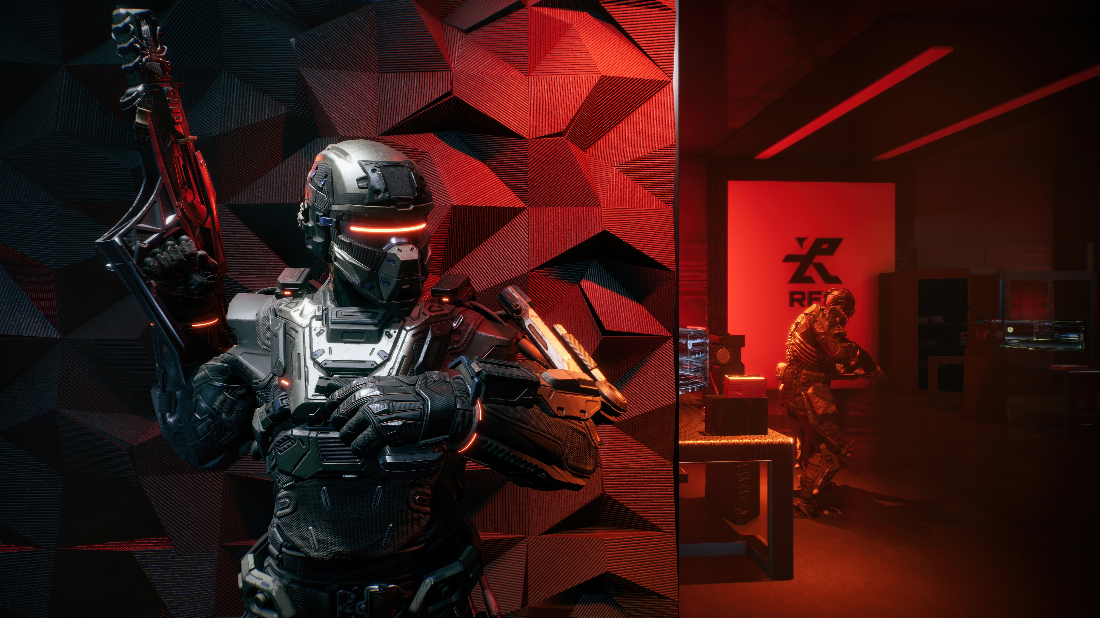 La Quimera soldier with futuristic rifle in red room HD Wallpaper