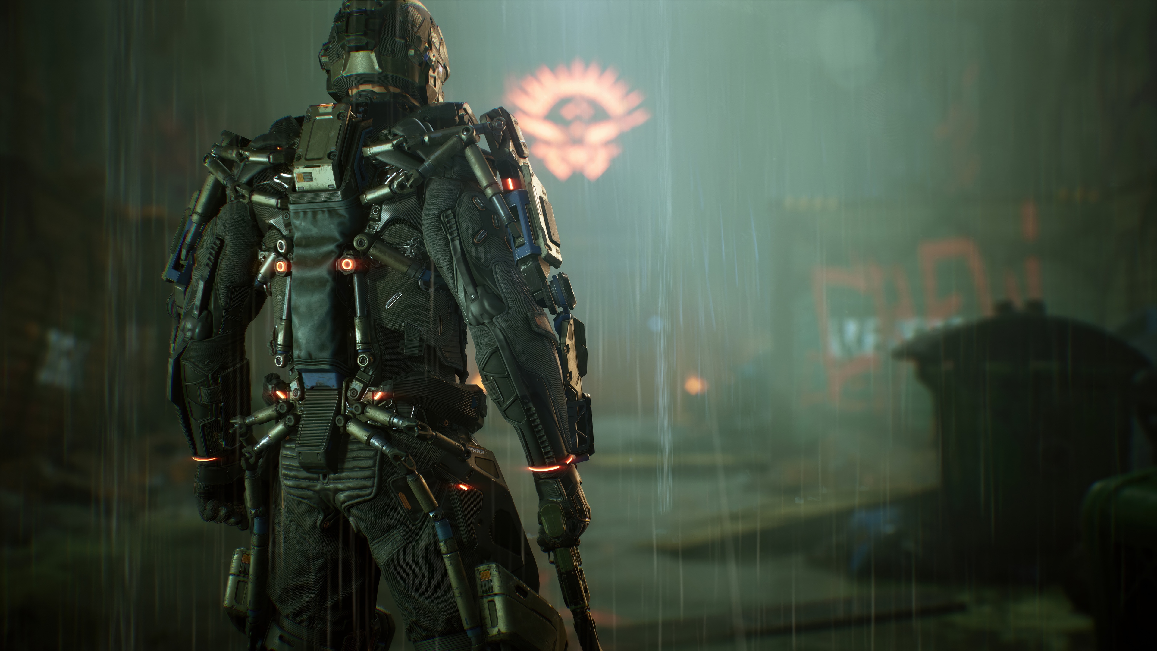 Soldier in advanced exoskeleton suit in the rain HD Wallpaper