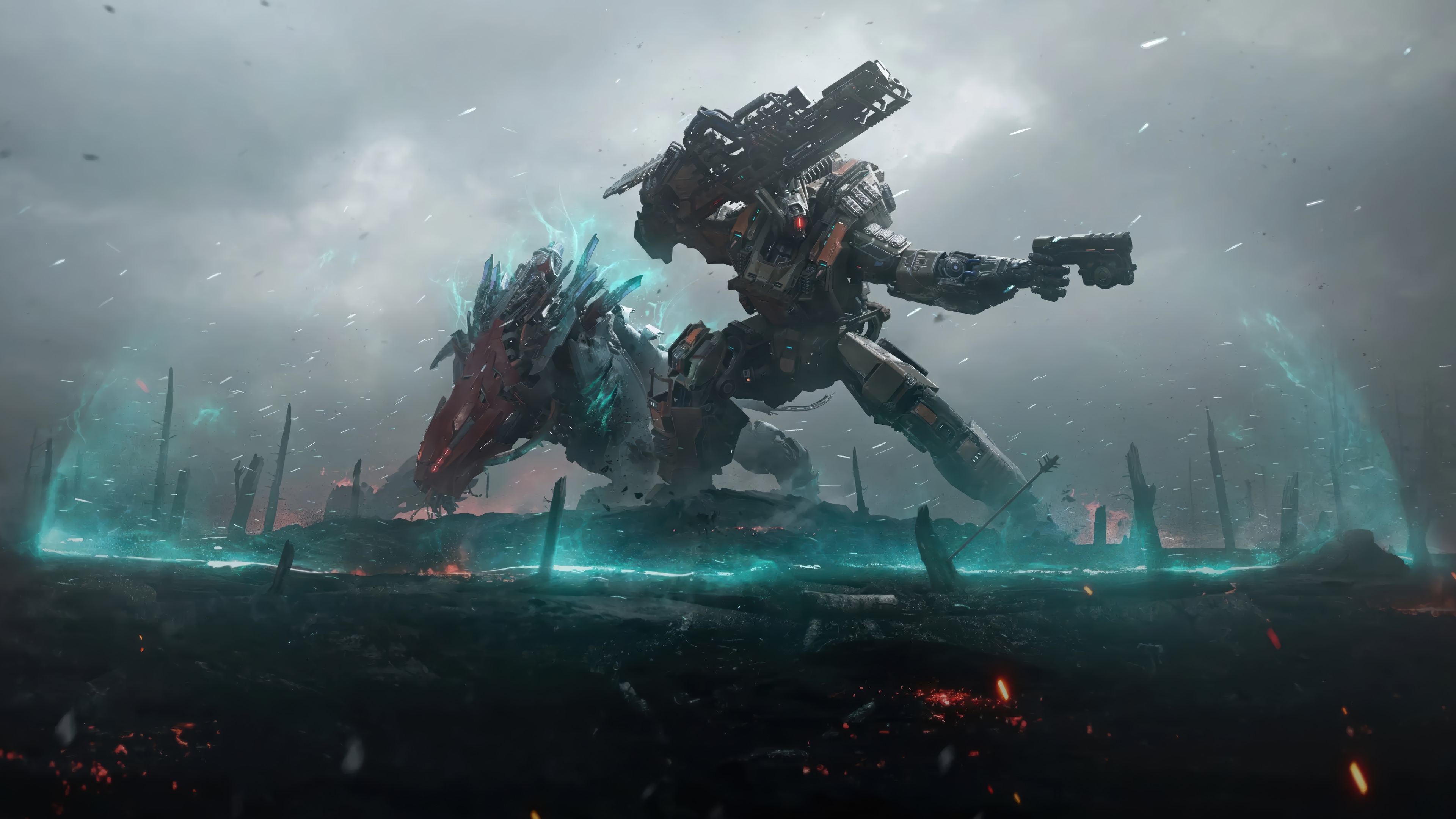 Steel Hunters Robot Fighting a Creature HD Wallpaper