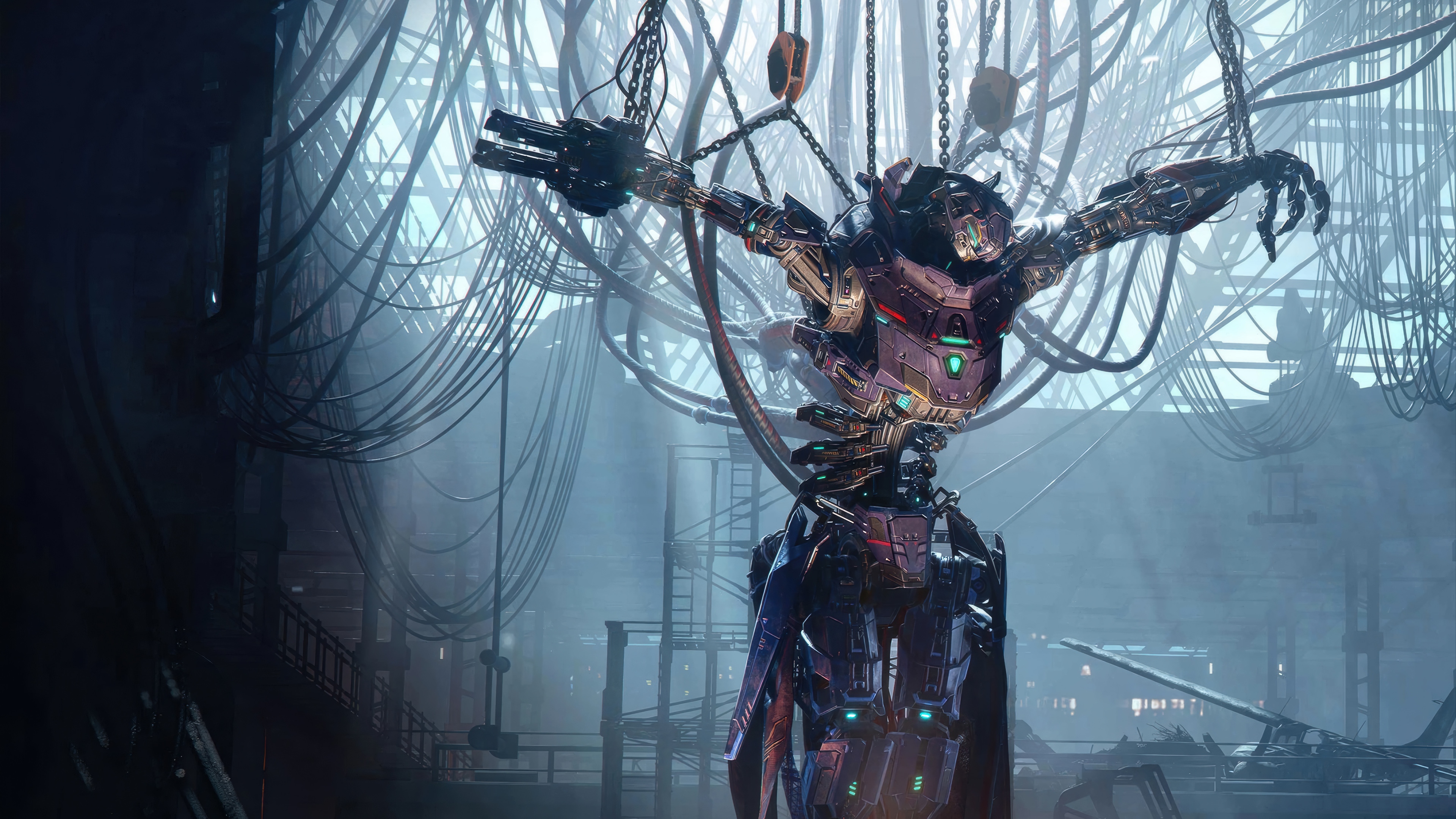 Robot suspended by chains in a factory HD Wallpaper