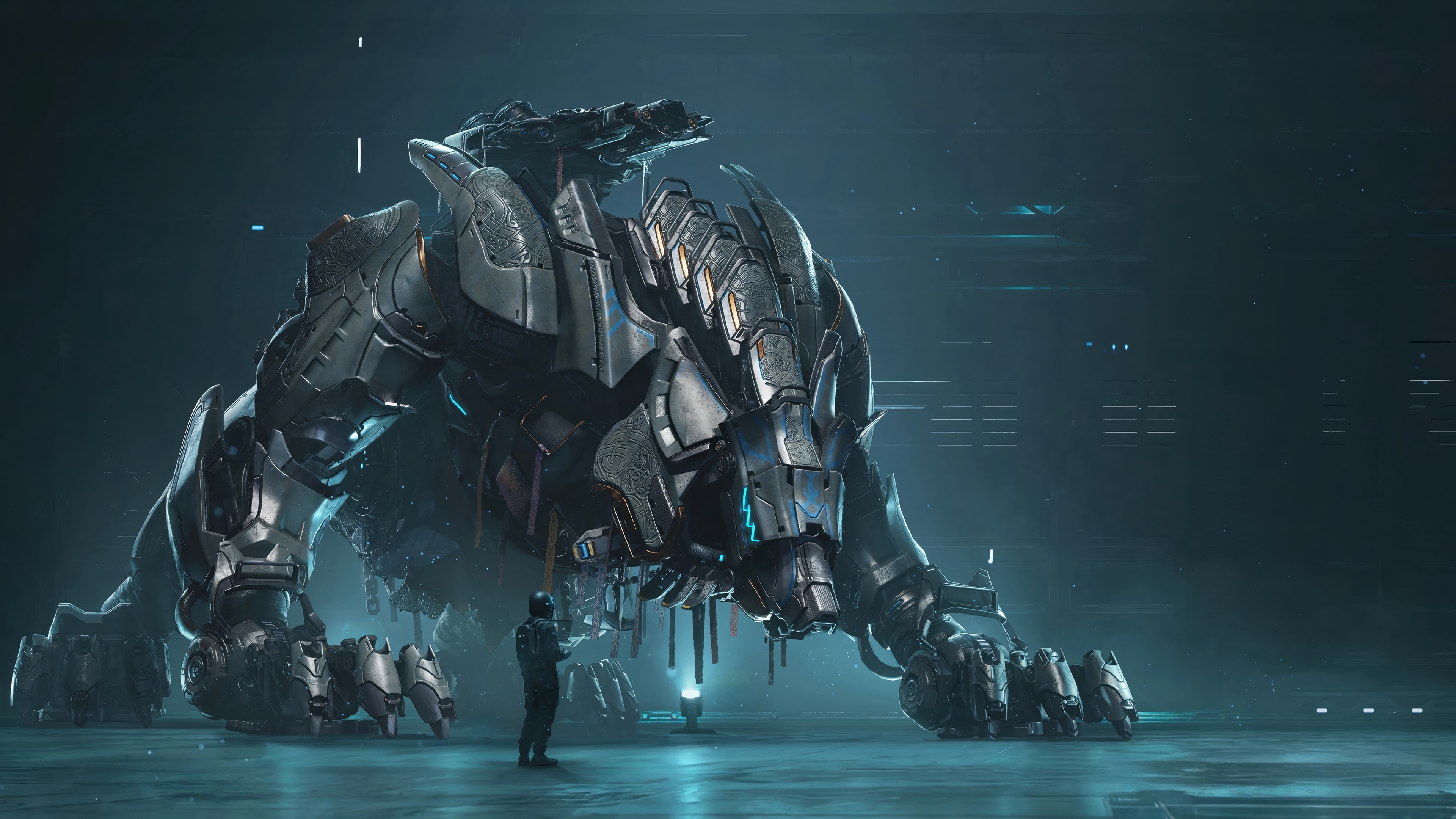 Steel Hunters Robot in a Dark Hangar 4K HD Wallpaper