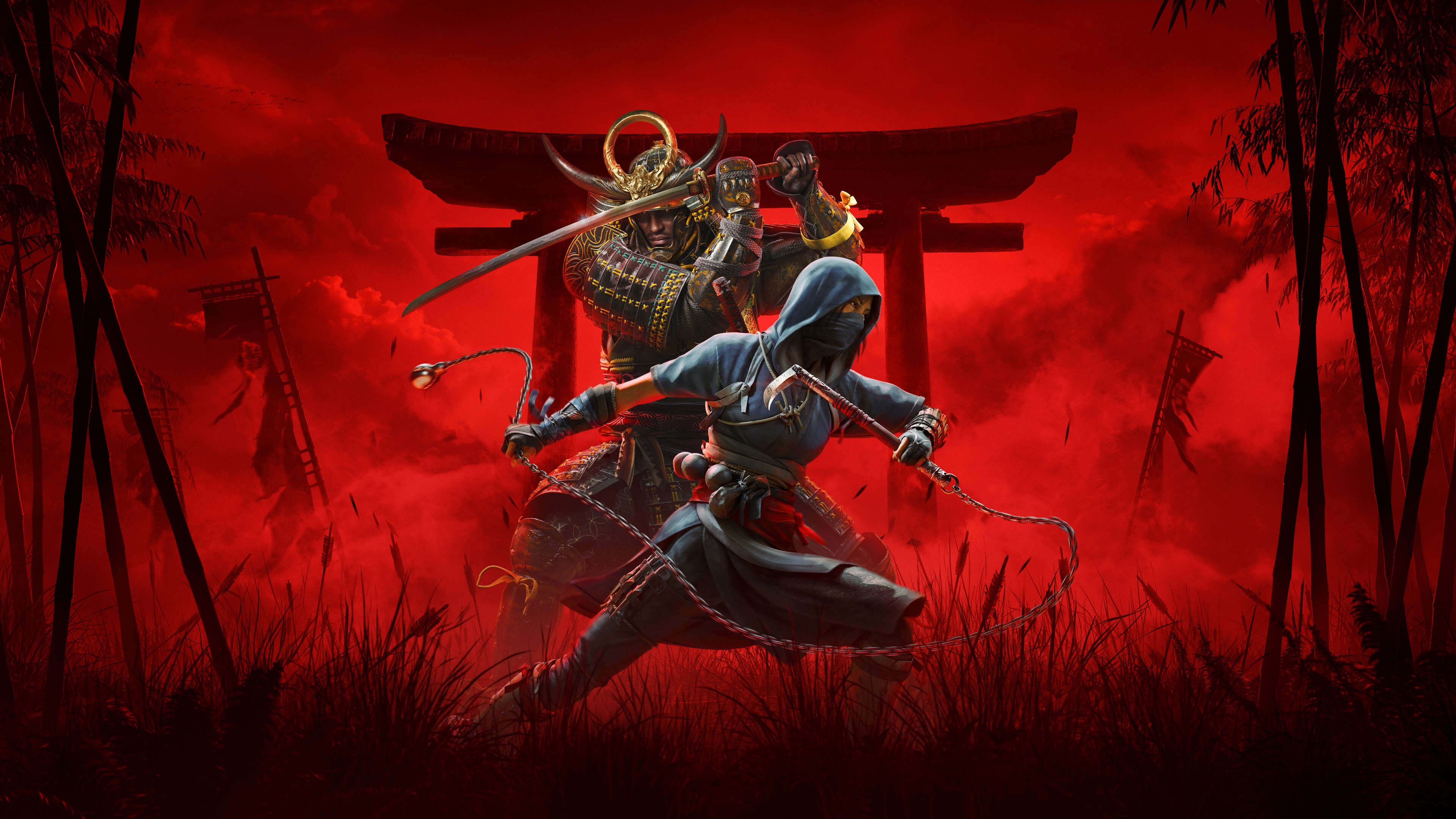 Samurai and Ninja in front of Torii Gate HD Wallpaper