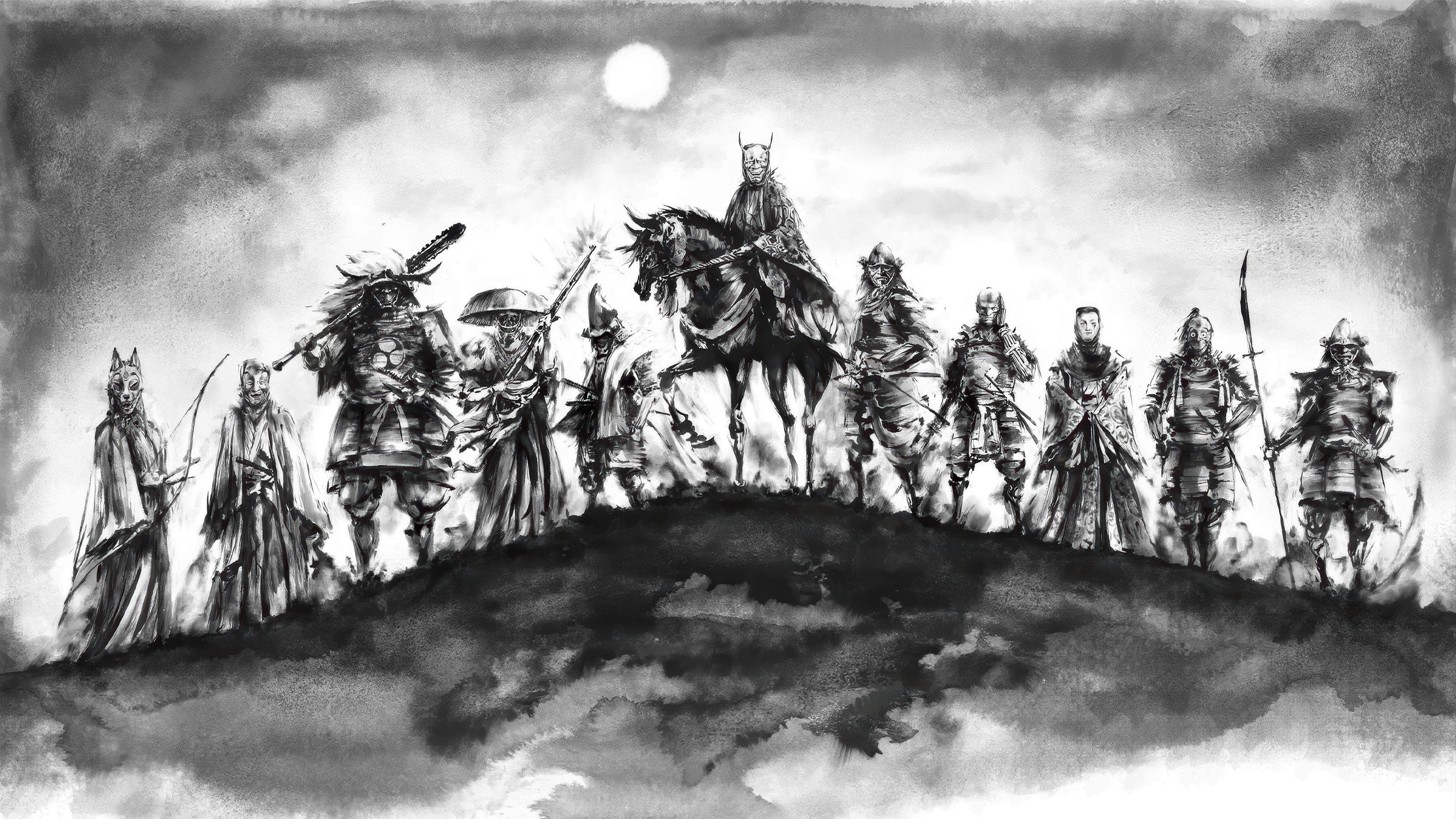 Samurai warriors on a hill under the moon 4K HD Wallpaper