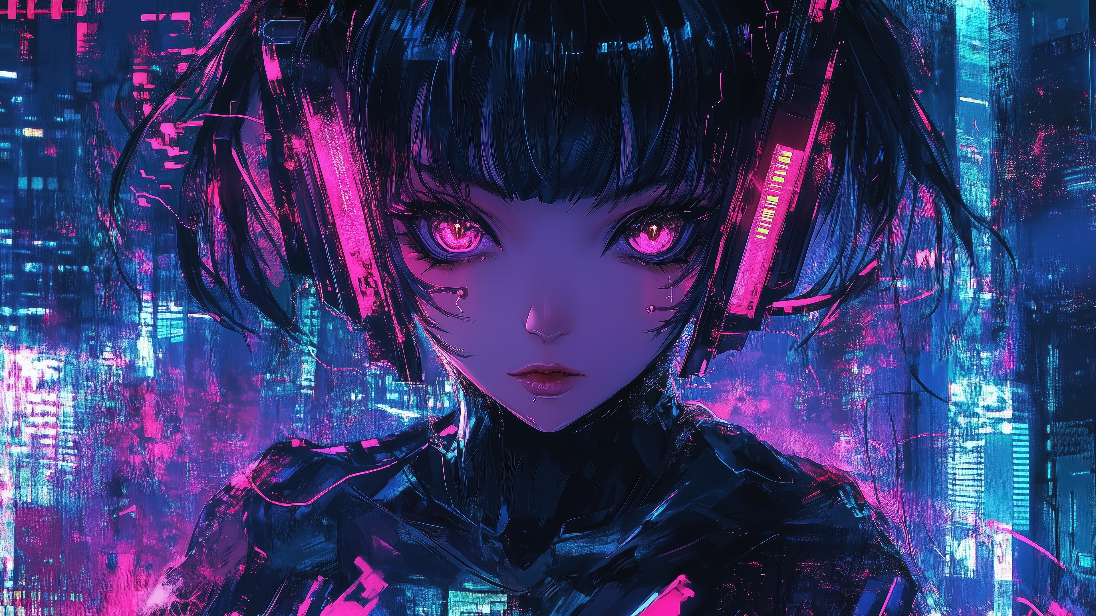 Cyberpunk Anime Girl with Pink Eyes and Headphones HD Wallpaper