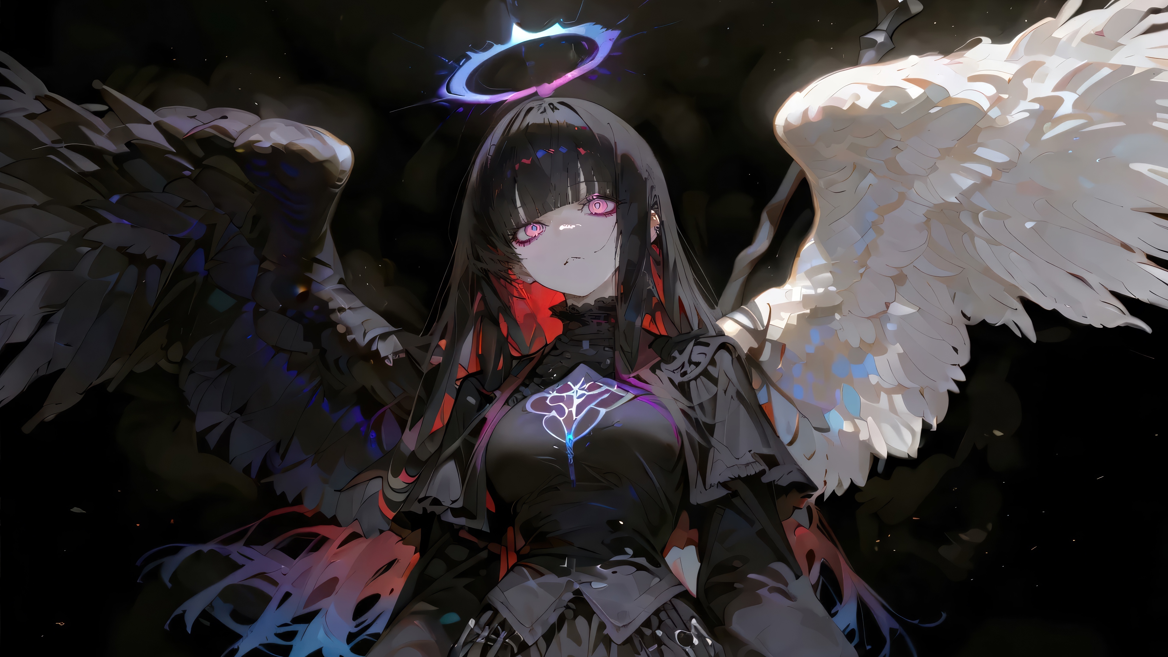 Anime Girl with Black and White Wings 4K HD Wallpaper