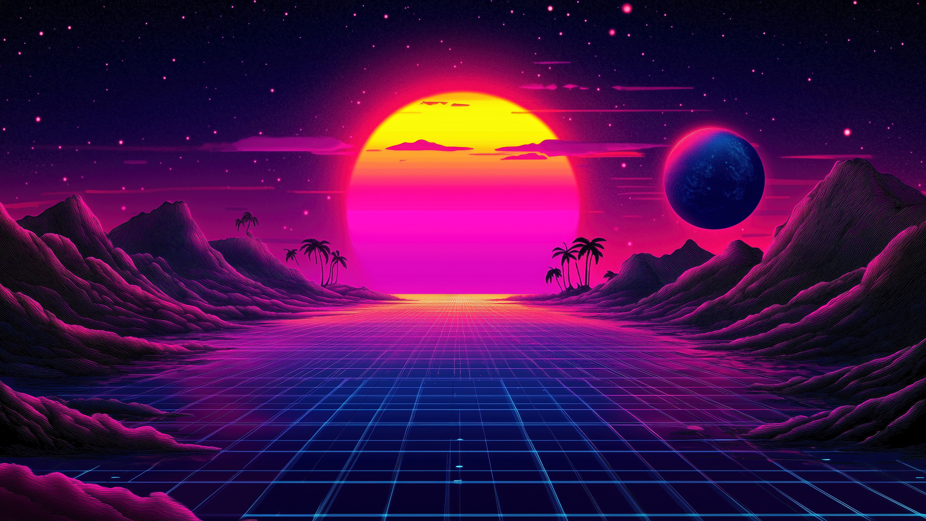 Synthwave Sunset with Moon and Mountains 4K HD Wallpaper
