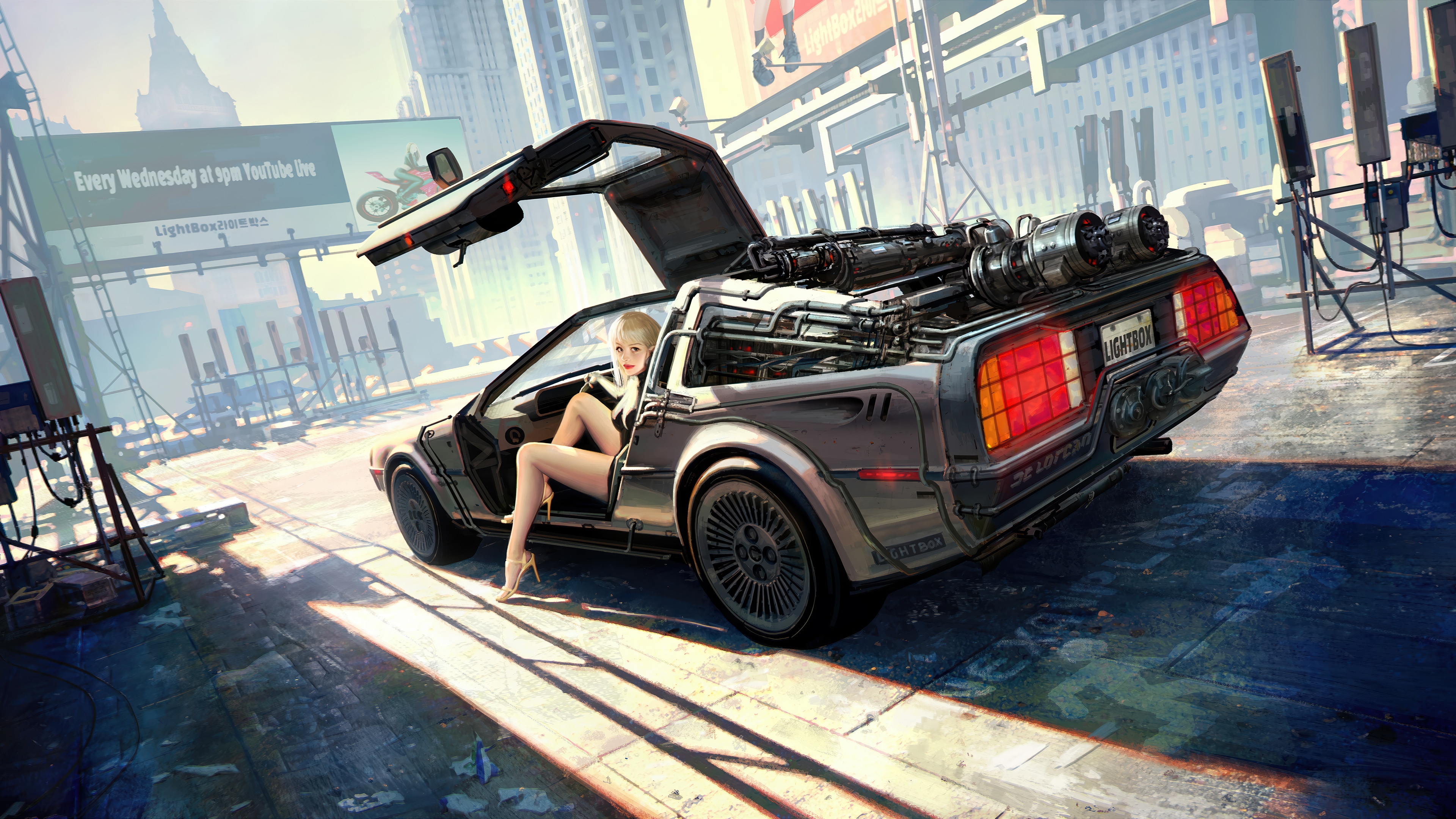 Anime girl in a DeLorean car HD Wallpaper
